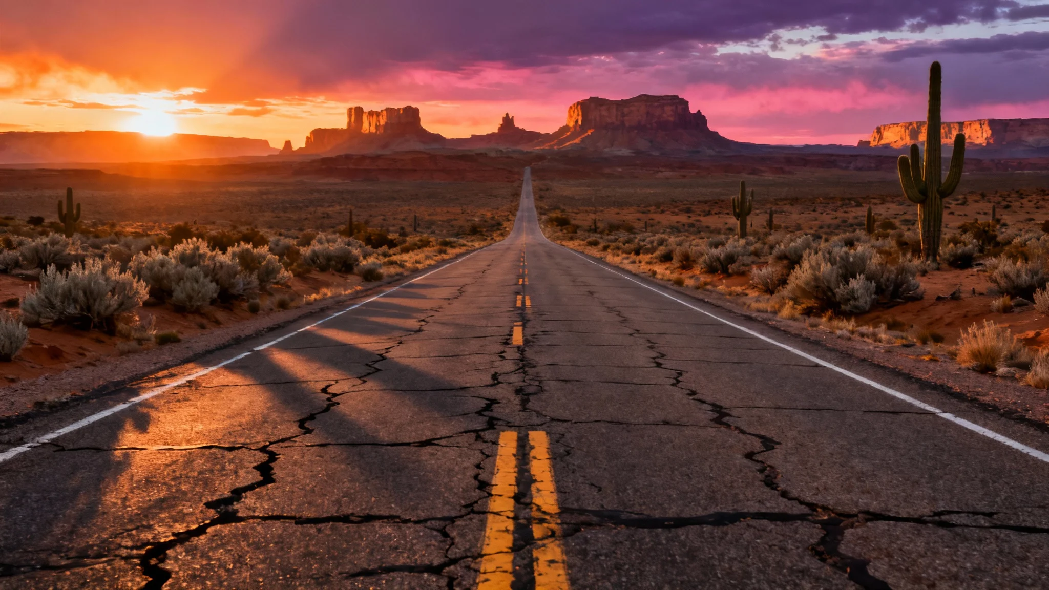 A photorealistic image of an empty road cutting through a vast desert at sunset, with distant mesas illuminated by the golden light and a colorful sky overhead.