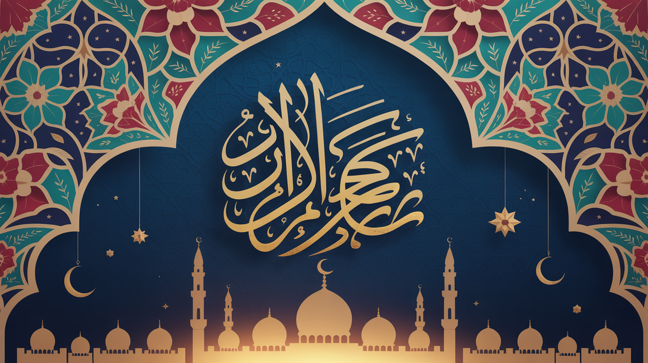 A beautifully designed Eid Mubarak poster with a deep blue background, golden Arabic calligraphy spelling 'Eid Mubarak', intricate floral details, and an illuminated mosque silhouette at the bottom.