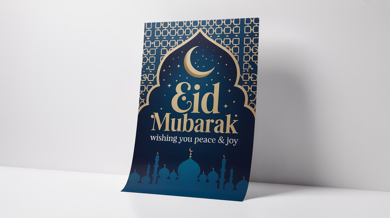 A modern Eid Mubarak poster mockup with gold calligraphy reading 'Eid Mubarak' against a navy blue and gold geometric background, displayed on a white surface.