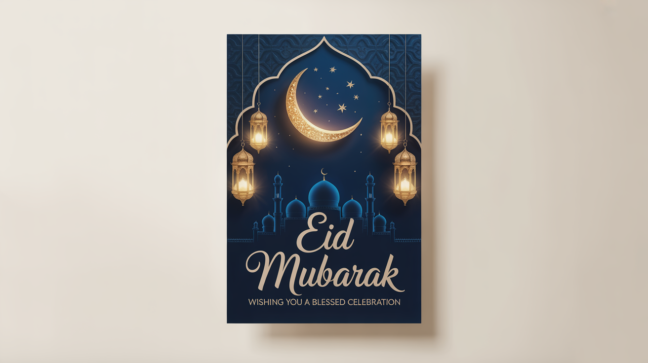 An elegant Eid Mubarak poster mockup showing a mosque silhouette, golden crescent moon, and lanterns against a navy blue background, with the text 'Eid Mubarak' in gold calligraphy.