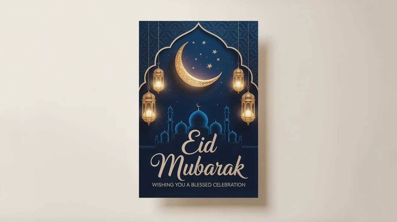 An elegant Eid Mubarak poster mockup showing a mosque silhouette, golden crescent moon, and lanterns against a navy blue background, with the text 'Eid Mubarak' in gold calligraphy.