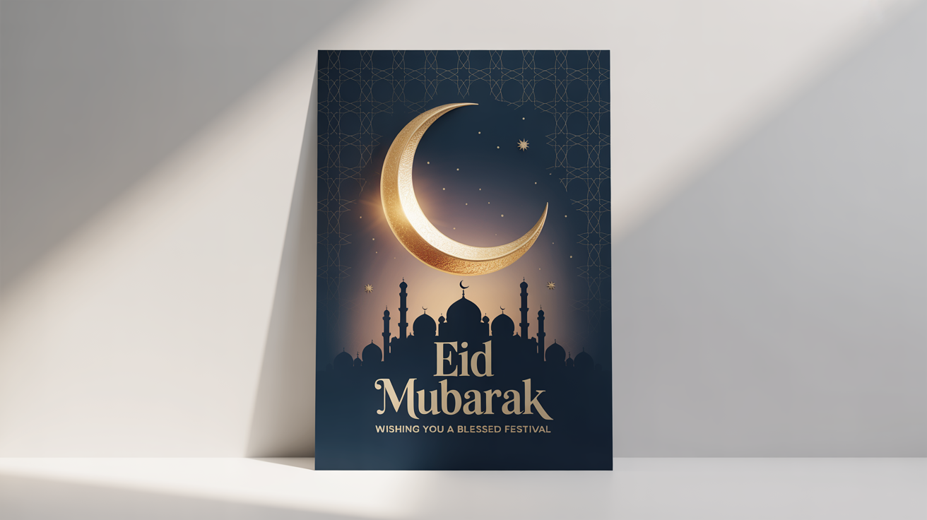 An elegant Eid Mubarak poster mockup on a white background, featuring a golden crescent moon, a mosque silhouette, and the text 'Eid Mubarak'.
