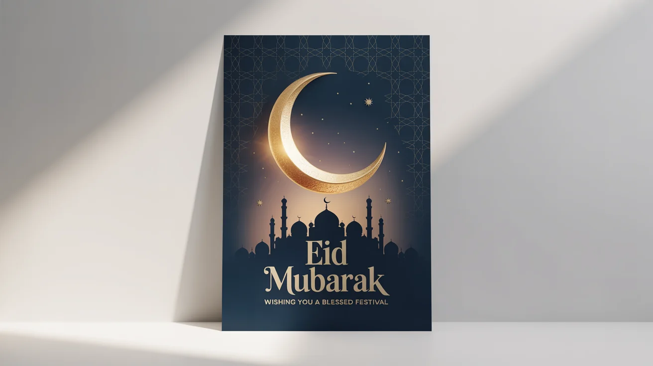 An elegant Eid Mubarak poster mockup on a white background, featuring a golden crescent moon, a mosque silhouette, and the text 'Eid Mubarak'.