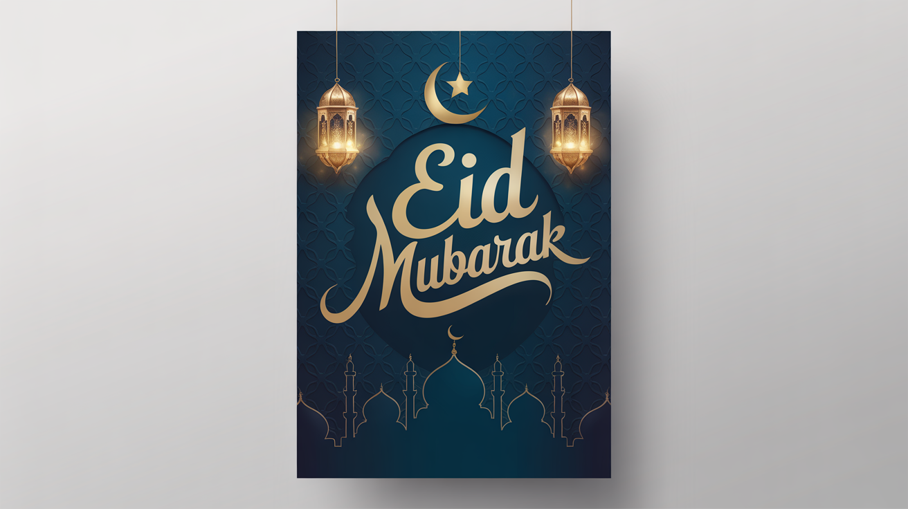 An elegant Eid Mubarak poster mockup on a white background, featuring 'Eid Mubarak' in golden calligraphy, a crescent moon, and a mosque silhouette against a dark blue background.