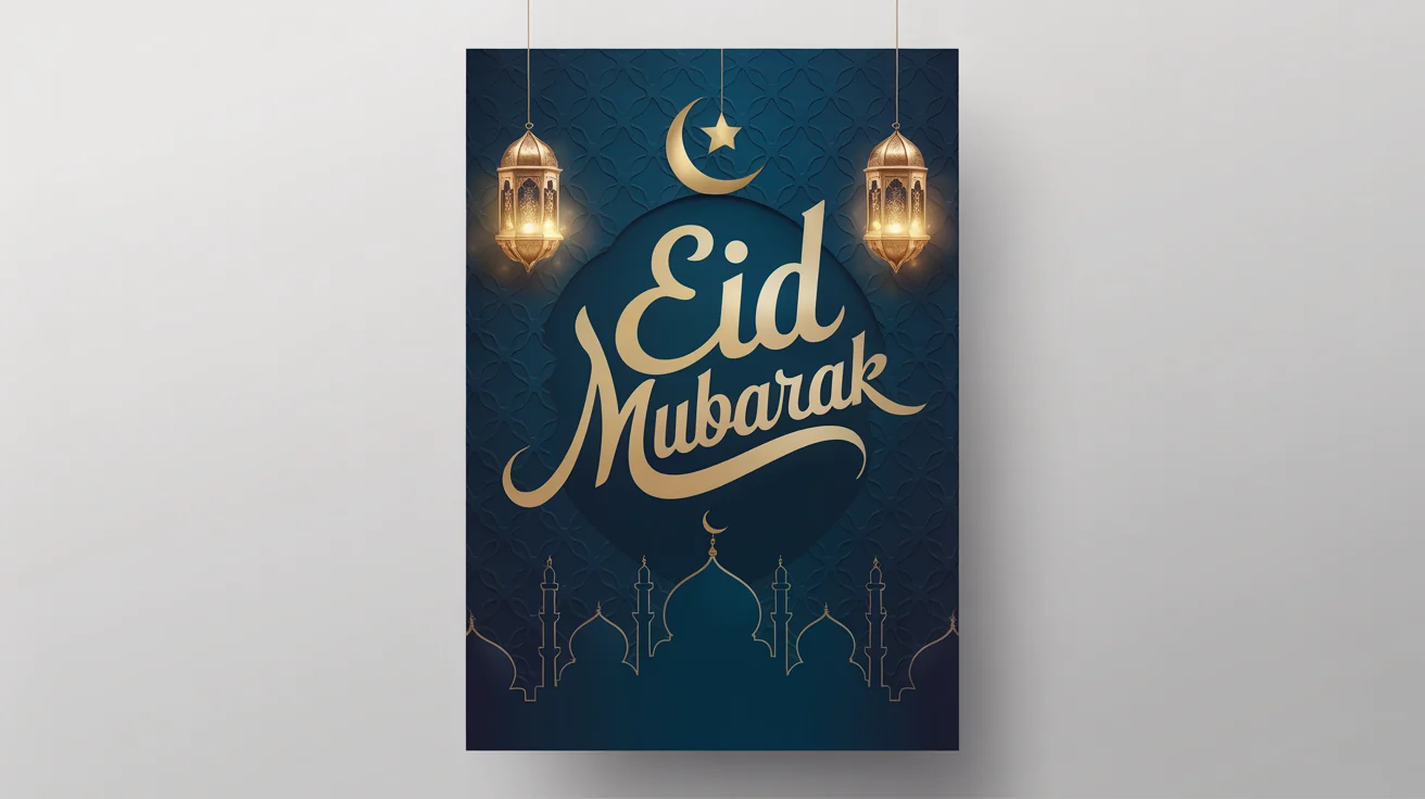 An elegant Eid Mubarak poster mockup on a white background, featuring 'Eid Mubarak' in golden calligraphy, a crescent moon, and a mosque silhouette against a dark blue background.