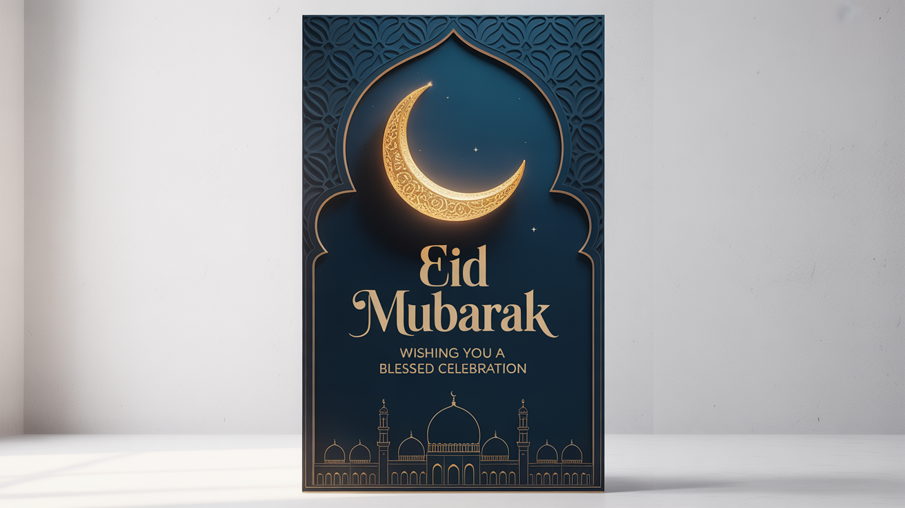A modern Eid Mubarak poster mockup on a white background. The poster features a dark blue background with a golden crescent moon, a mosque silhouette, and legible text that says 'Eid Mubarak' in ornate gold script.