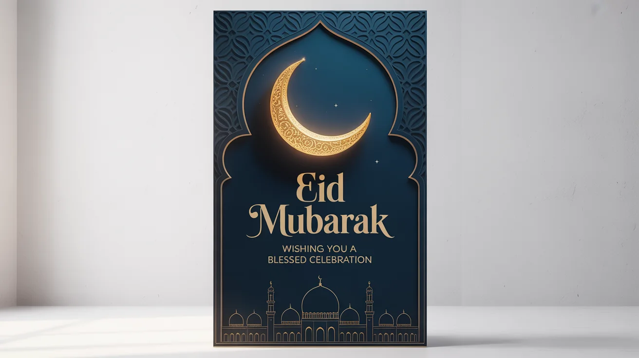 A modern Eid Mubarak poster mockup on a white background. The poster features a dark blue background with a golden crescent moon, a mosque silhouette, and legible text that says 'Eid Mubarak' in ornate gold script.