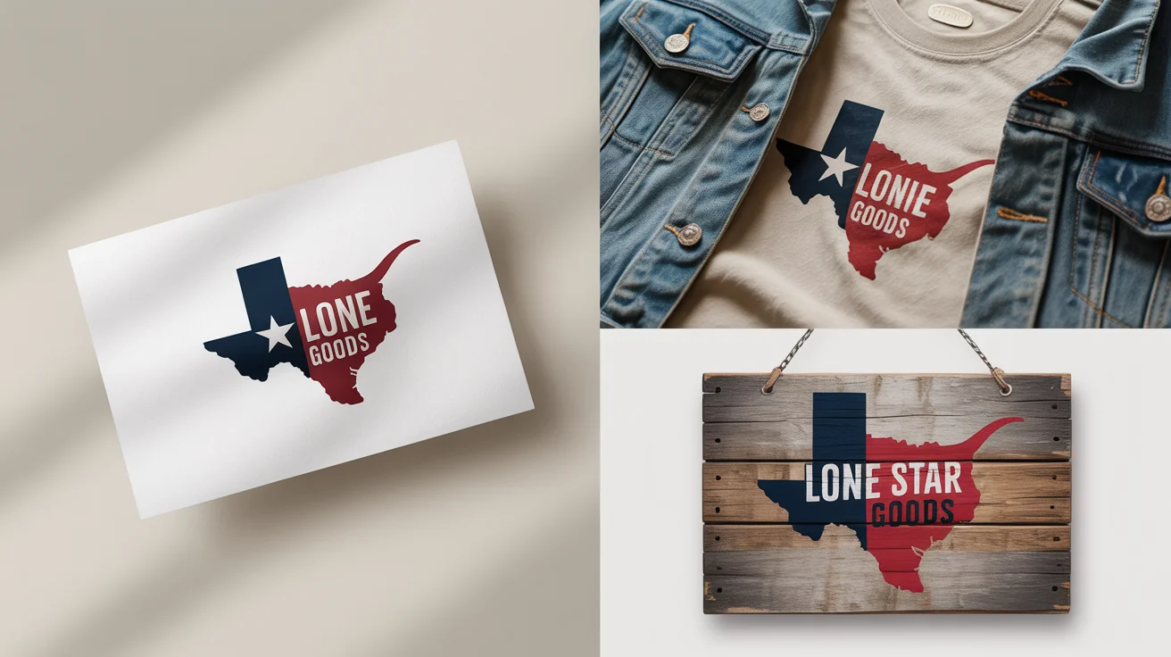 A branding showcase for a Texas company named 'Lone Star Goods', featuring a logo with a longhorn, the state outline, and a star, displayed on a business card, jacket, and sign.