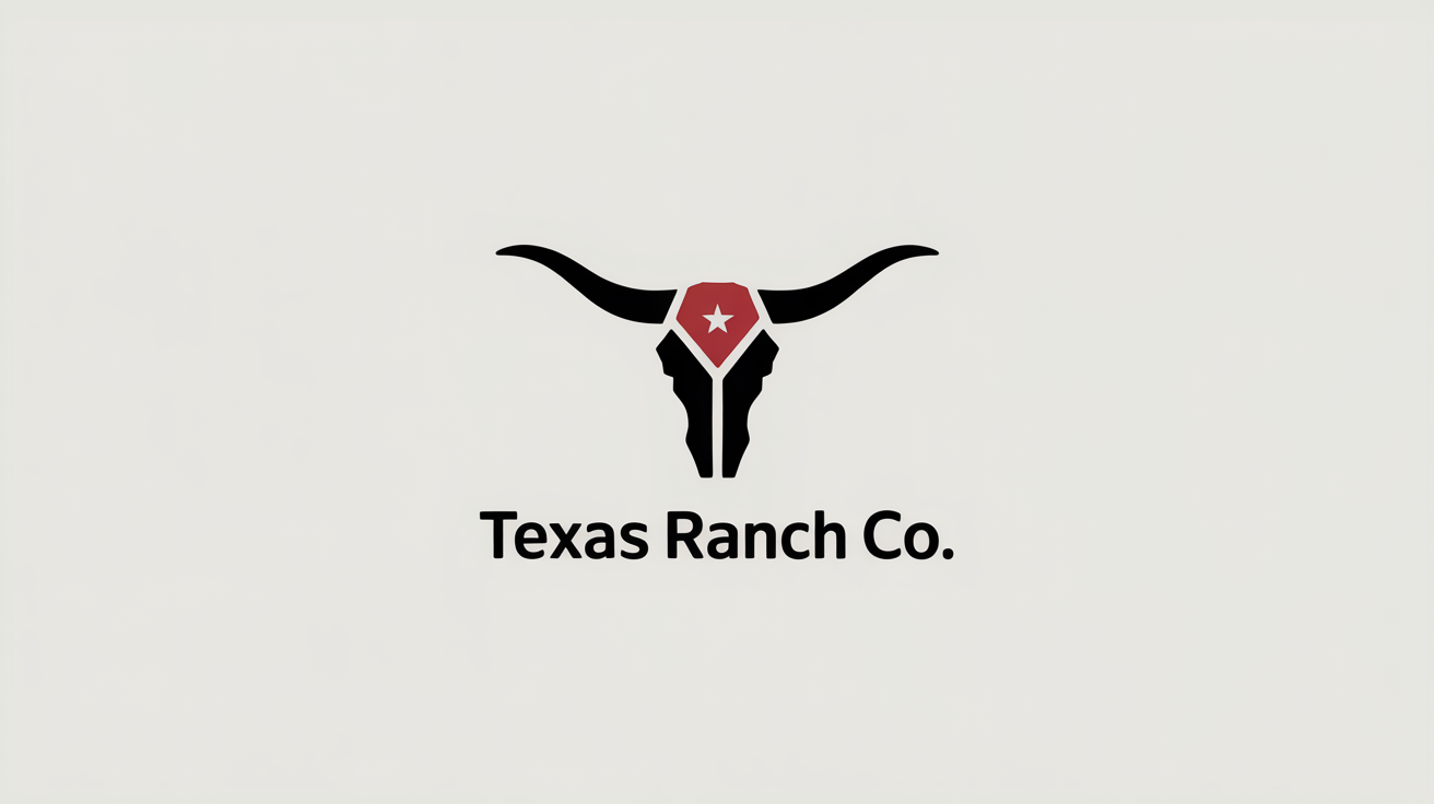 A modern, bold logo for a Texas-themed company, featuring a black geometric longhorn skull with a red star between its horns, and the text 'TEXAS RANCH CO.' below it, all on a white background.