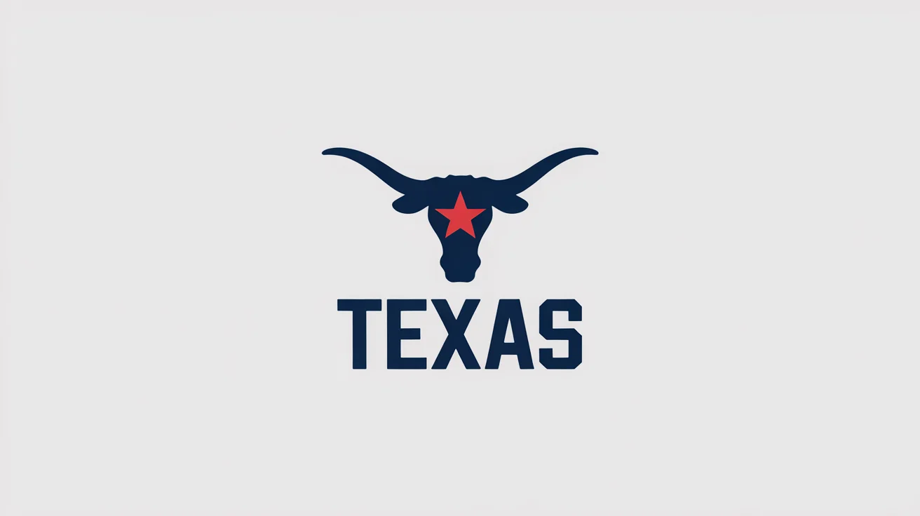 A modern Texas logo mockup featuring a navy blue geometric longhorn silhouette with a red lone star between the horns. Below the icon, the word 'TEXAS' is written in a bold, navy blue font, all on a clean white background.
