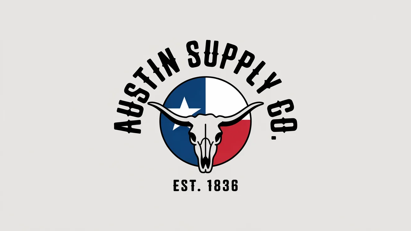 A rustic, emblem-style logo for 'Austin Supply Co.' featuring a longhorn skull, a lone star, and a red, white, and blue color scheme, presented on a clean white background.