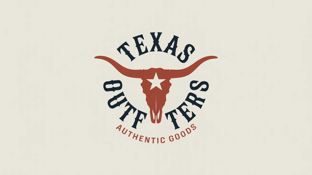 A Texas-themed logo for 'Texas Outfitters' featuring a stylized longhorn skull with a lone star, presented on a clean white background.