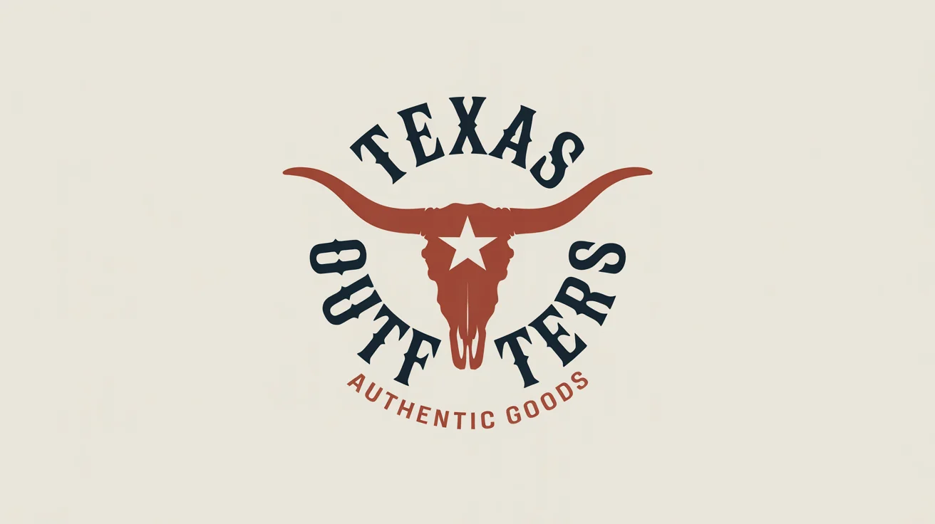 A Texas-themed logo for 'Texas Outfitters' featuring a stylized longhorn skull with a lone star, presented on a clean white background.