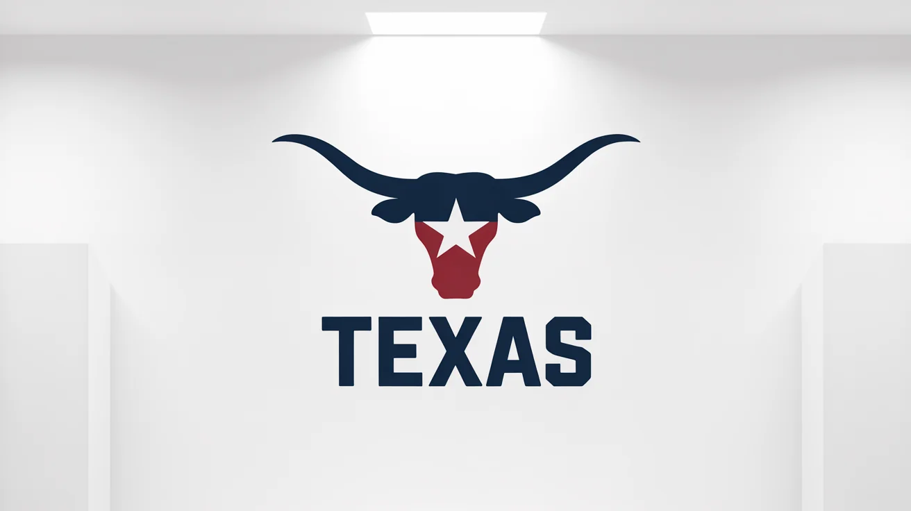 A modern Texas logo mockup on a white background, featuring a stylized navy blue longhorn steer head with a red star between its horns, and the word 'TEXAS' in bold font underneath.