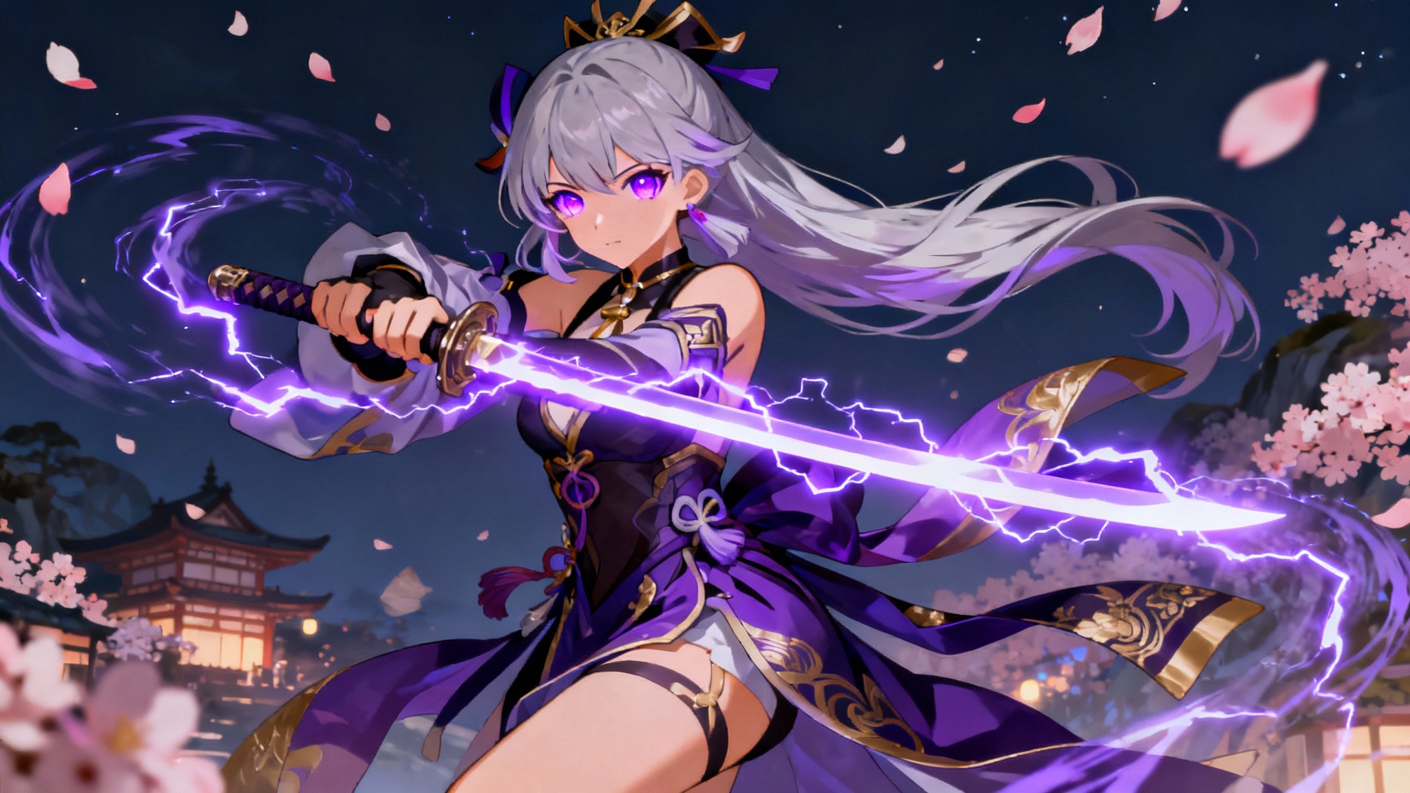 An eye-catching digital illustration of a female character in the style of Genshin Impact, shown in a 16:9 hero image format. She has long silver hair and is in a dynamic pose, holding a katana that glows with purple lightning. The background is a stylized nighttime scene with floating cherry blossom petals.