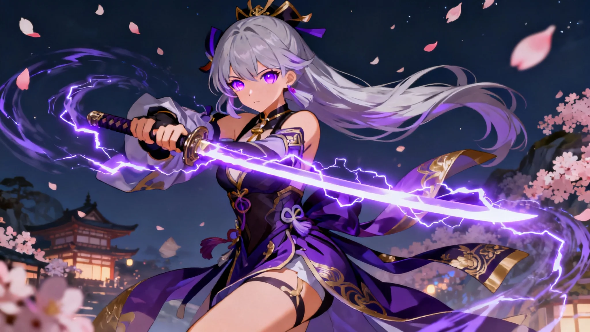 An eye-catching digital illustration of a female character in the style of Genshin Impact, shown in a 16:9 hero image format. She has long silver hair and is in a dynamic pose, holding a katana that glows with purple lightning. The background is a stylized nighttime scene with floating cherry blossom petals.