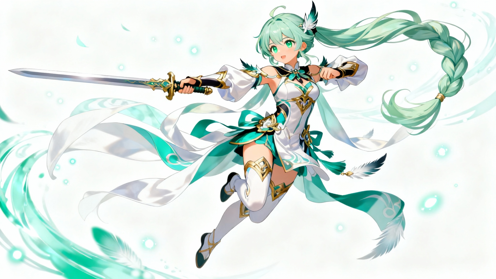 A full-body digital illustration of a female anime character in the Genshin Impact style. She has long green hair and is wearing a white and teal outfit, leaping through the air with a sword against a plain white background.