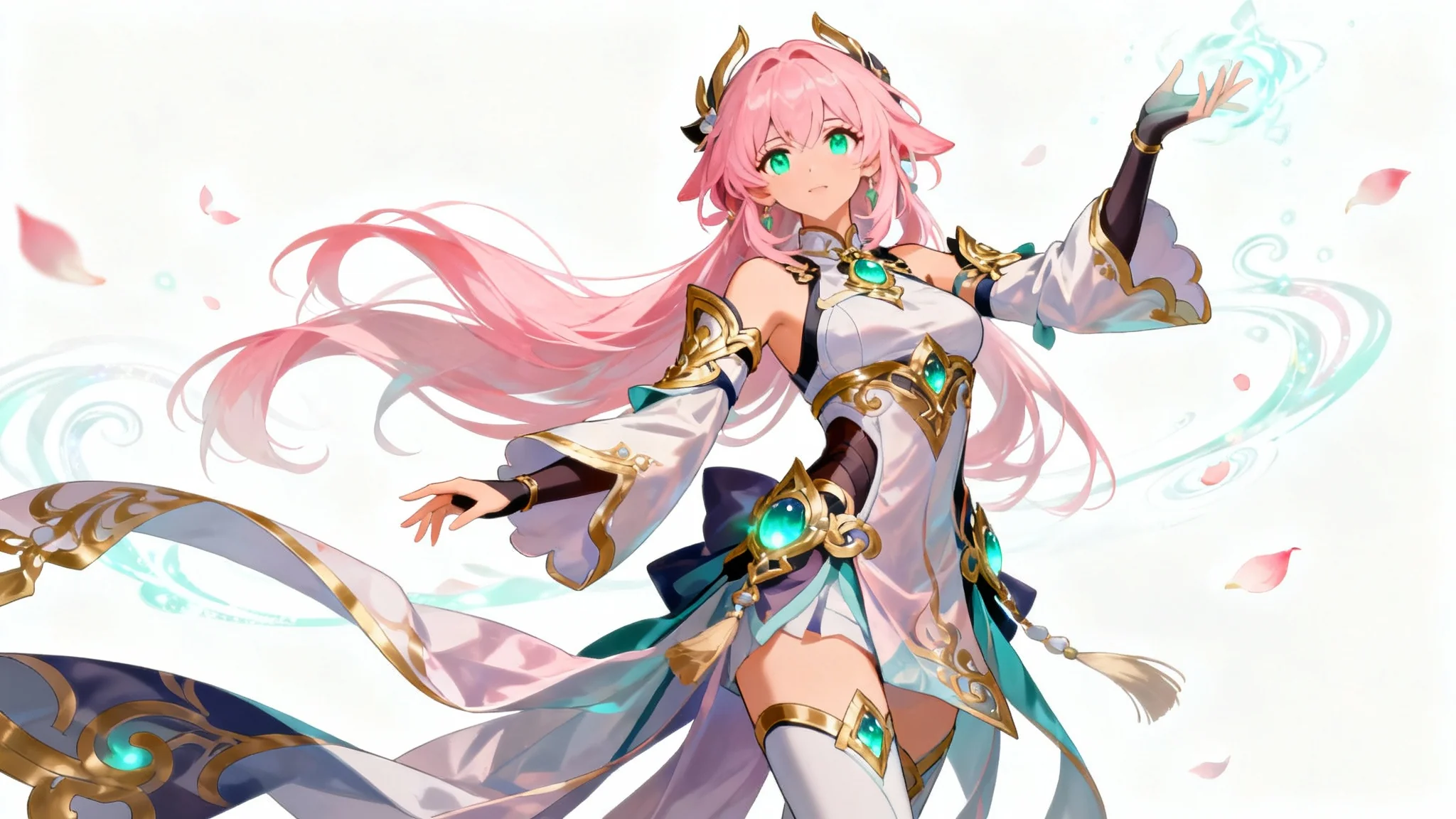 A full-body digital illustration of an anime character in the style of Genshin Impact, posing against a white background. She has long pink hair, green eyes, and wears a detailed fantasy outfit, with magical effects swirling around her.