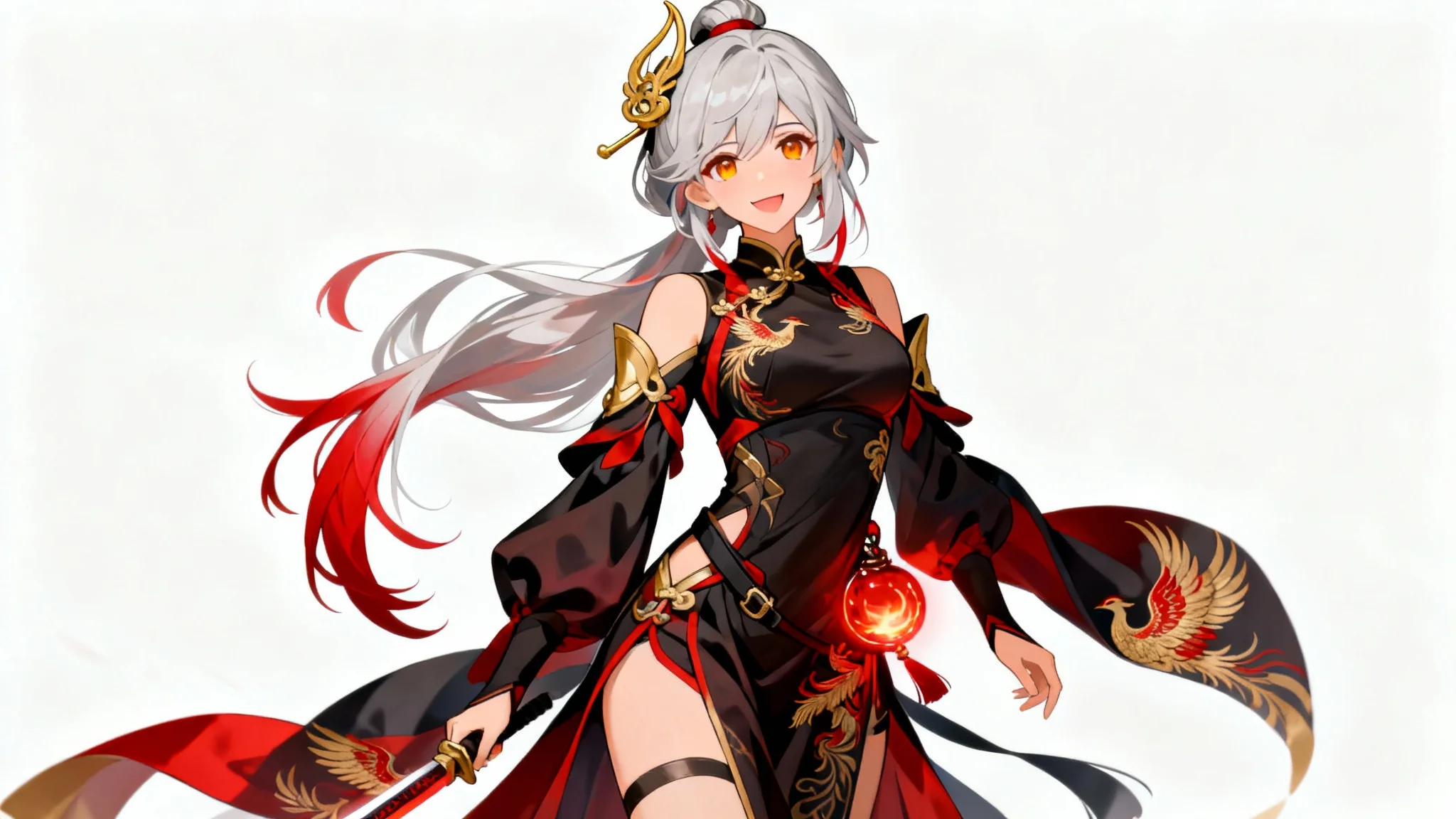 A full-body digital illustration of a female character designed in the Genshin Impact anime style, posing against a plain white background. She has long silver and red hair, wears an ornate red, black, and gold outfit, and has a glowing red gem on her belt.