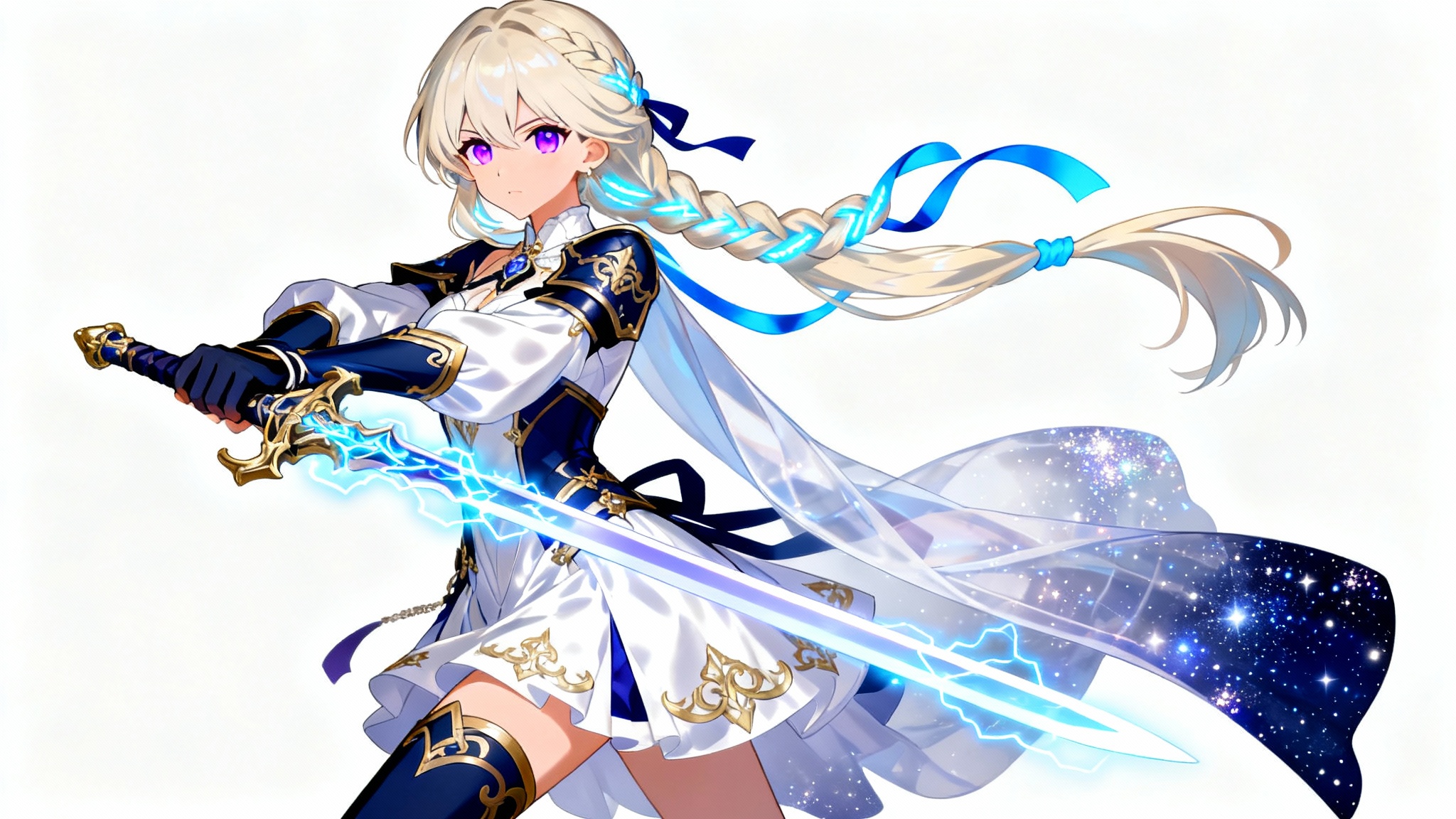 A full-body digital illustration of a female anime character in the Genshin Impact style, posing with a glowing sword against a plain white background.