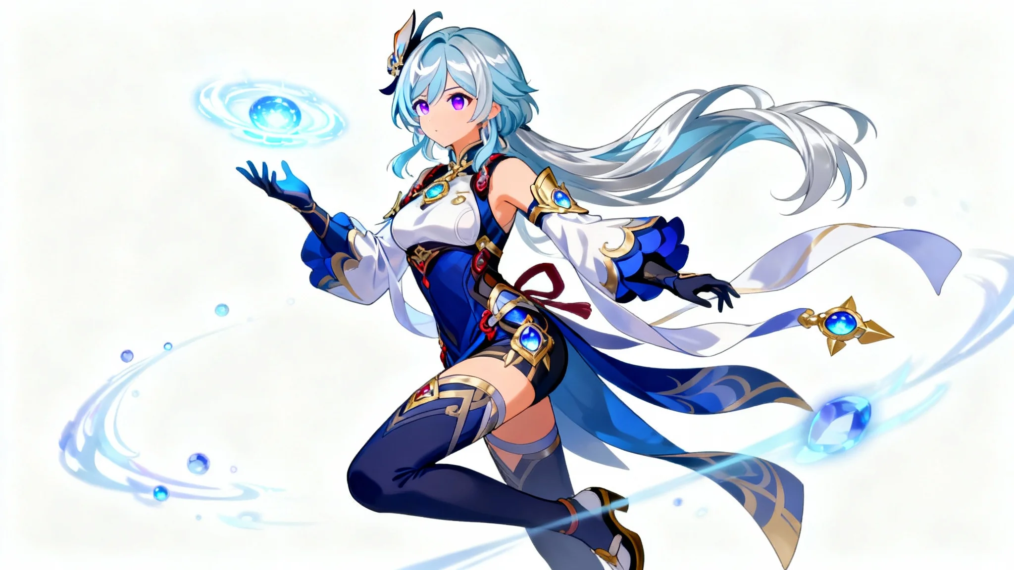 A full-body illustration of an anime character created in the Genshin Impact style. The female warrior has long blue hair, wears an intricate blue and gold outfit, and has magical energy swirling around her against a plain white background.