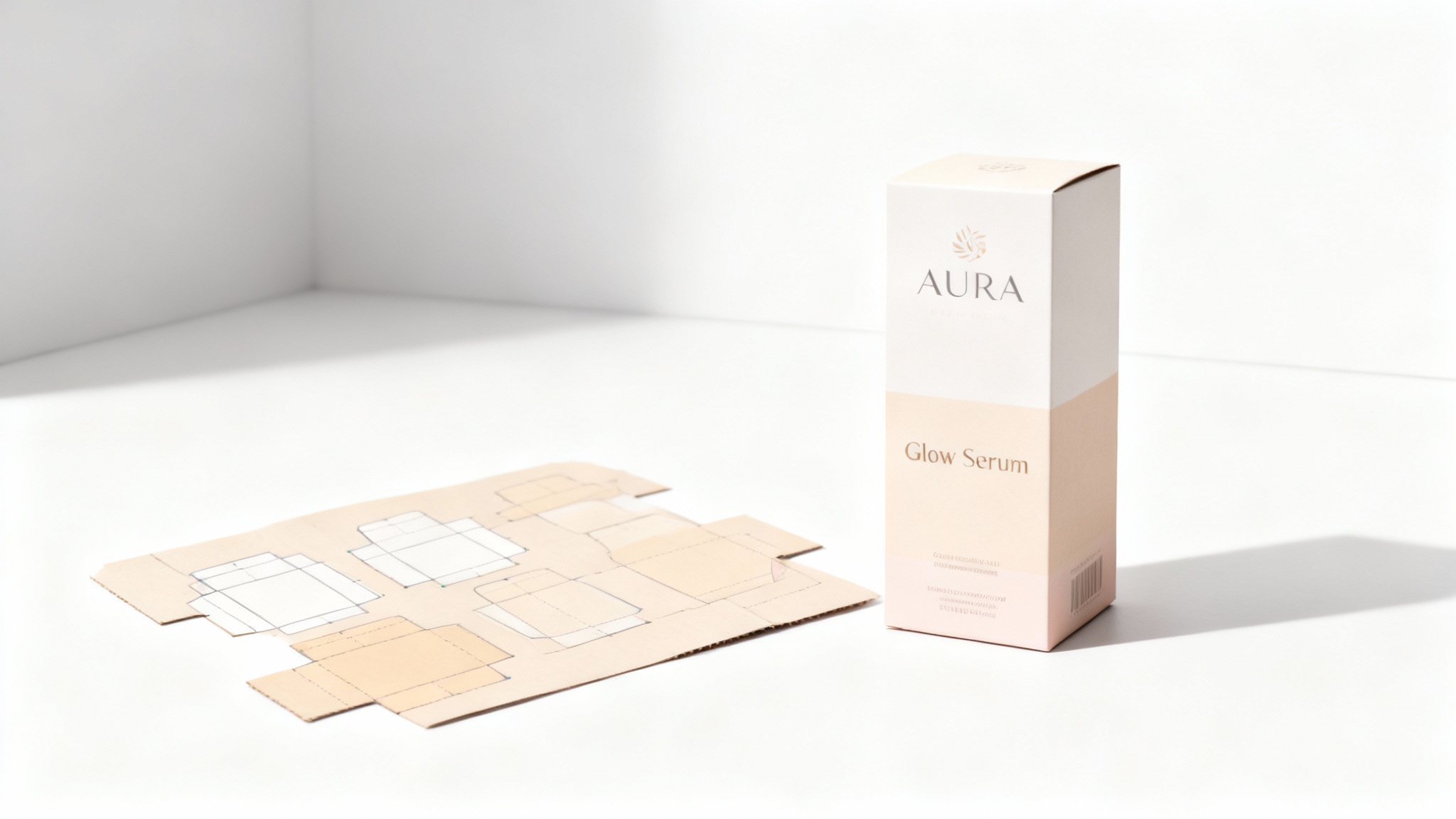 A flat, unfolded packaging dieline with a modern pastel design is laid on a white surface next to the fully assembled 3D product box it creates, showcasing the transformation from 2D template to final product.