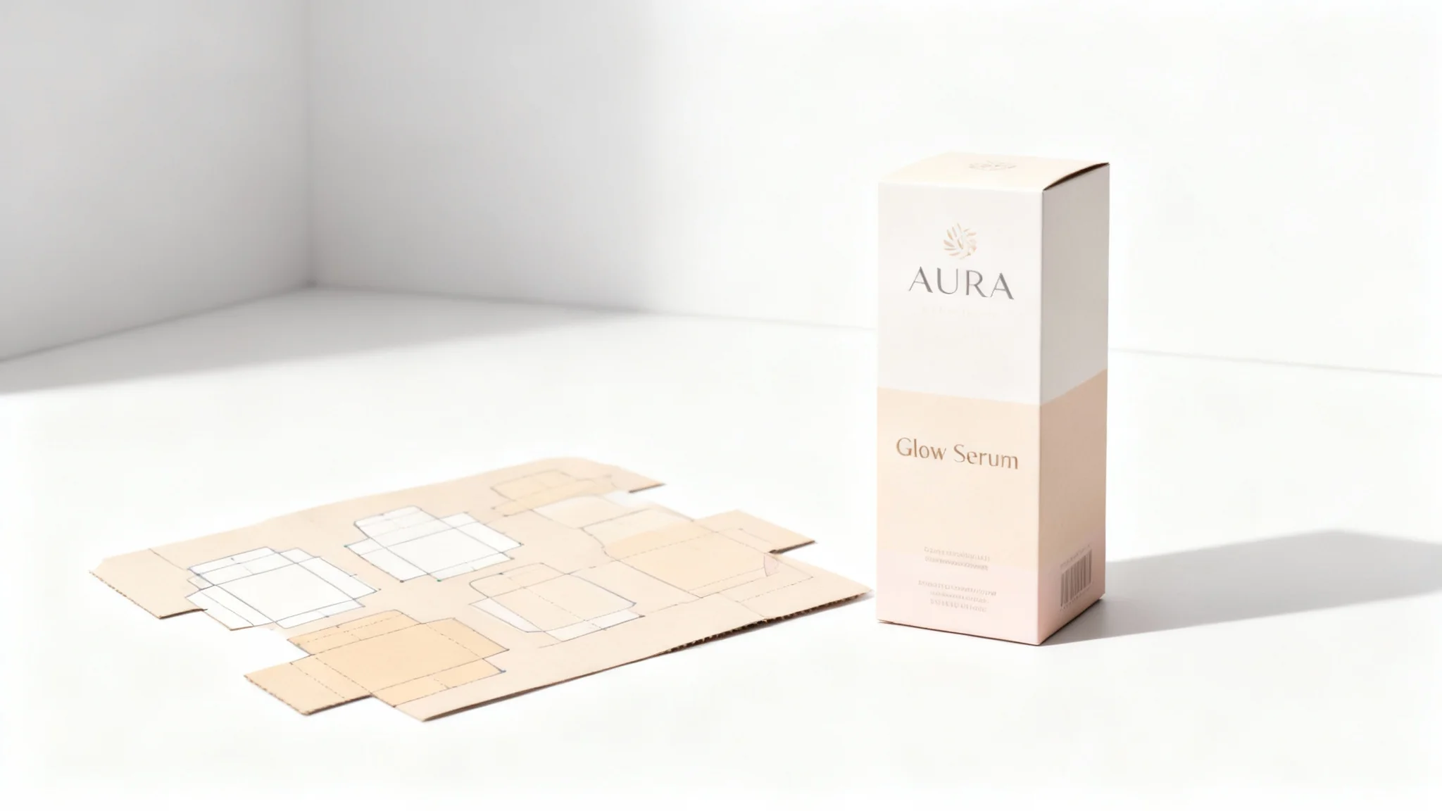 A flat, unfolded packaging dieline with a modern pastel design is laid on a white surface next to the fully assembled 3D product box it creates, showcasing the transformation from 2D template to final product.