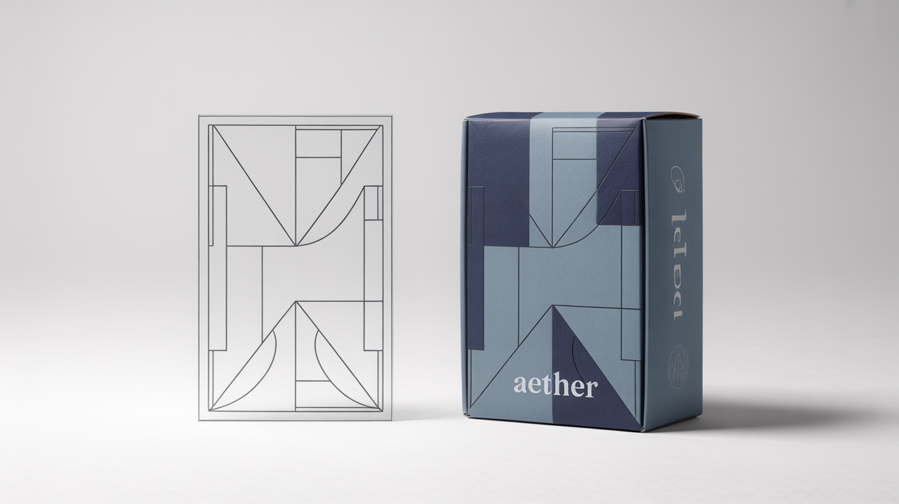 A photorealistic mockup showing a flat packaging dieline template next to the fully assembled 3D product box, illustrating the design and manufacturing process on a clean white background.