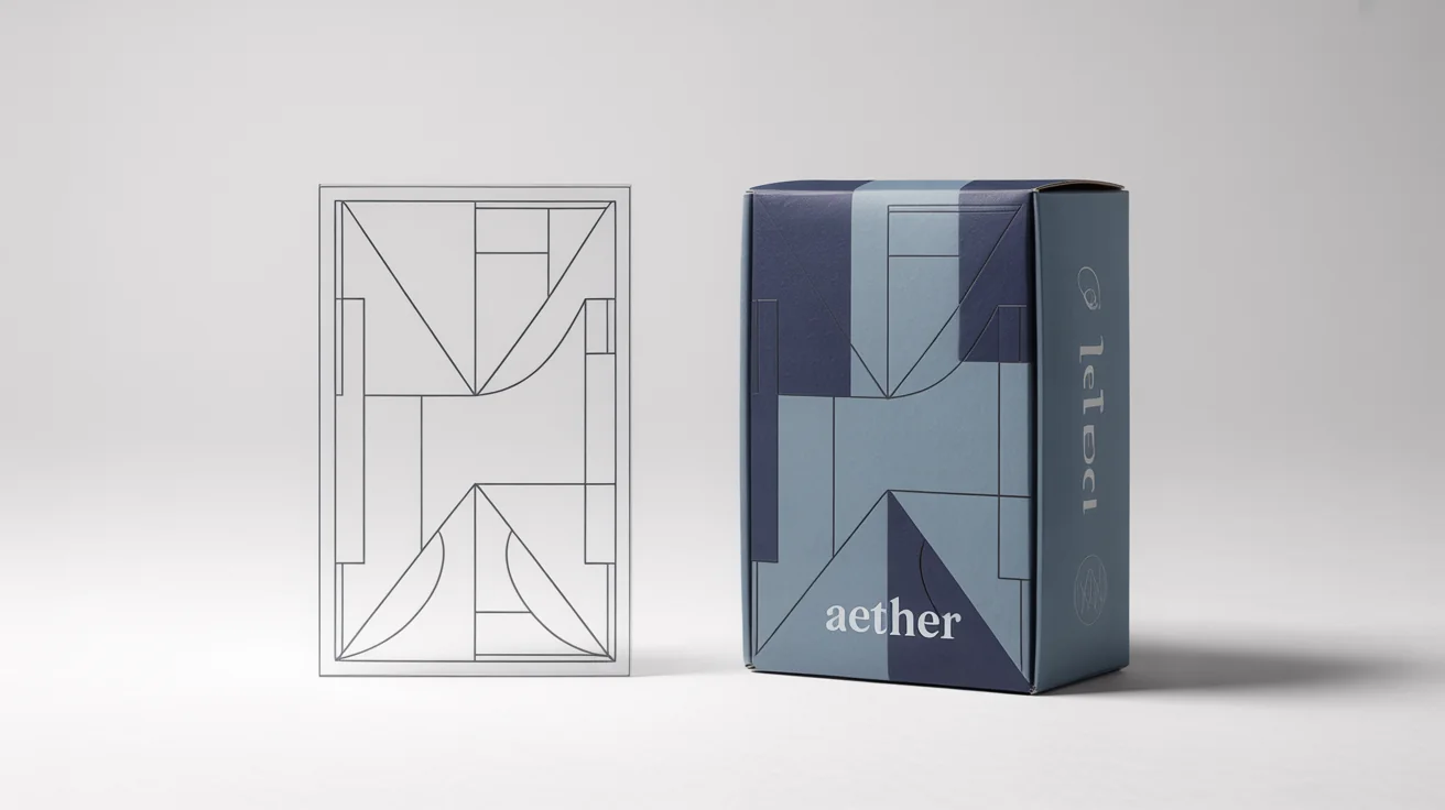 A photorealistic mockup showing a flat packaging dieline template next to the fully assembled 3D product box, illustrating the design and manufacturing process on a clean white background.