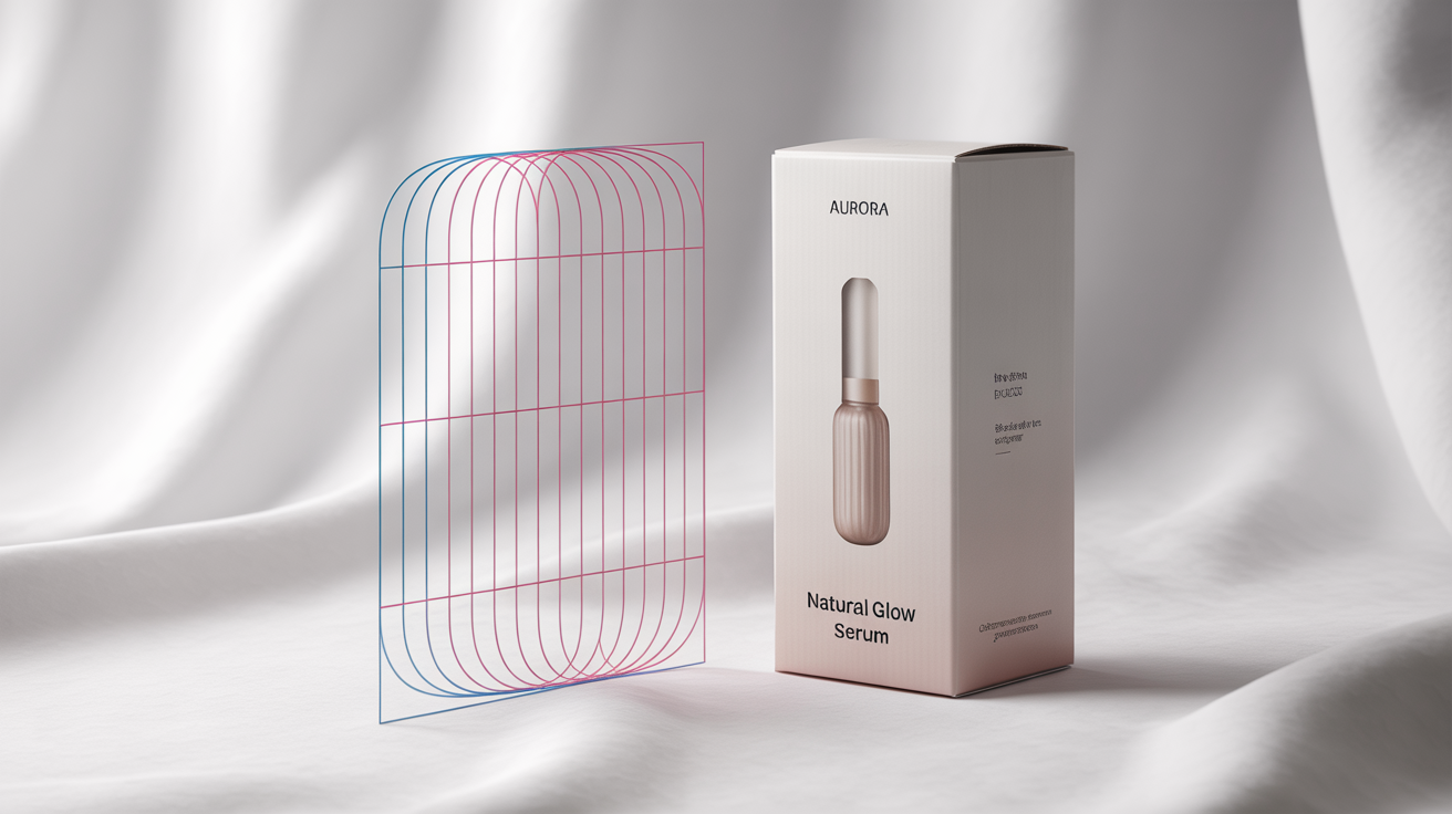 A flat dieline template for a box with red cut lines and blue fold lines, shown next to the fully assembled 3D product box for 'Aurora Natural Glow Serum'.