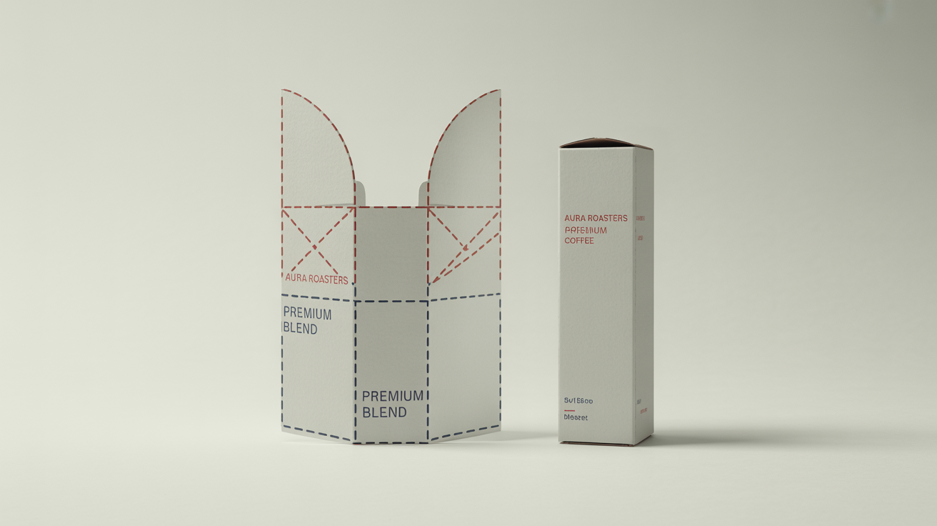 A flat, unfolded packaging dieline with red cut lines and blue fold lines, laid next to the fully assembled 3D product box for a fictional coffee brand, all on a clean white background.