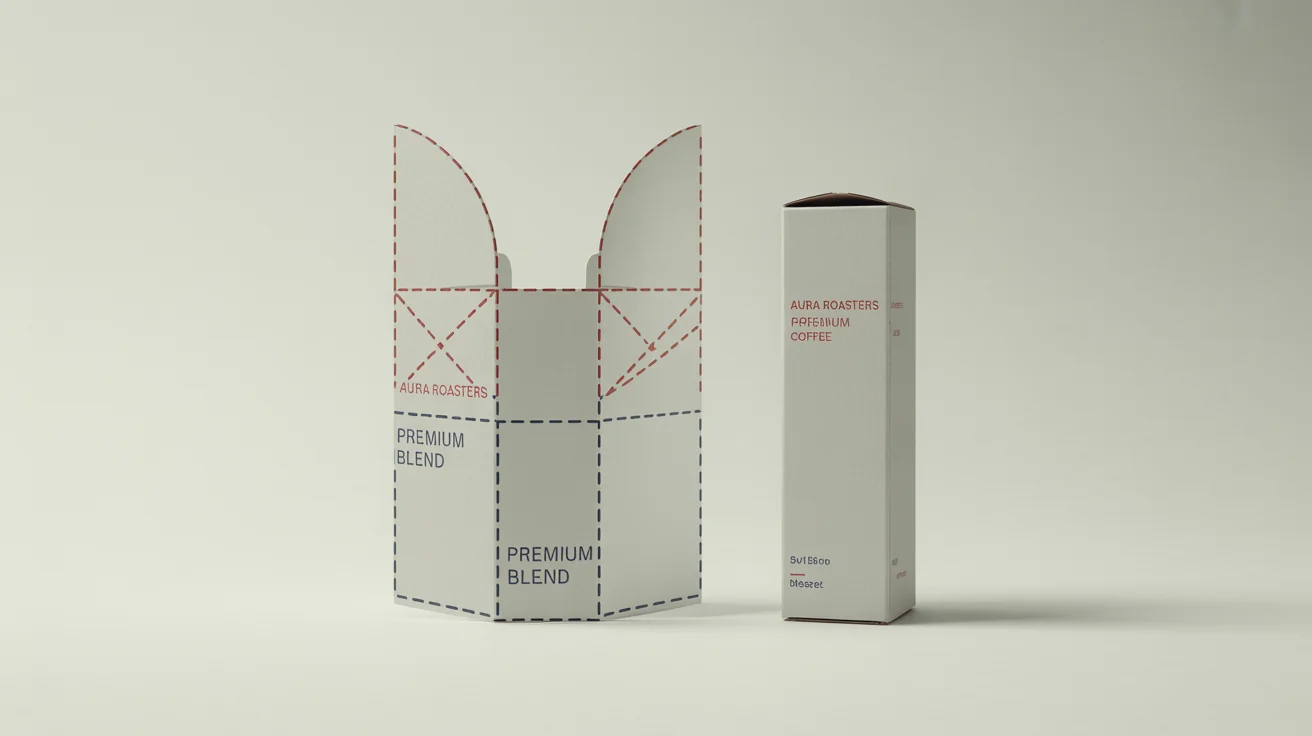 A flat, unfolded packaging dieline with red cut lines and blue fold lines, laid next to the fully assembled 3D product box for a fictional coffee brand, all on a clean white background.