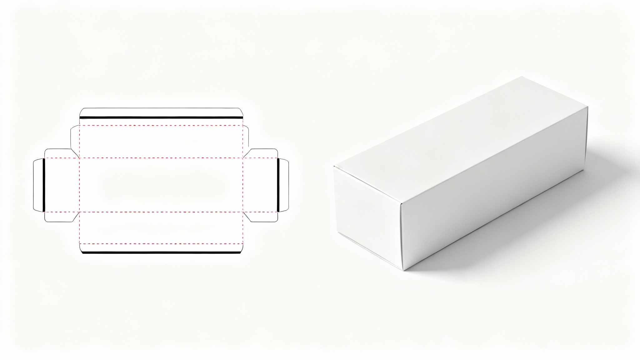 A dieline template for a box laid flat next to the final, assembled 3D white cardboard box, displayed on a clean white background to showcase the packaging design process.