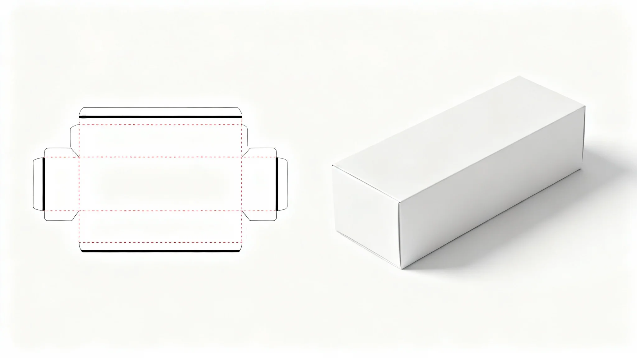 A dieline template for a box laid flat next to the final, assembled 3D white cardboard box, displayed on a clean white background to showcase the packaging design process.