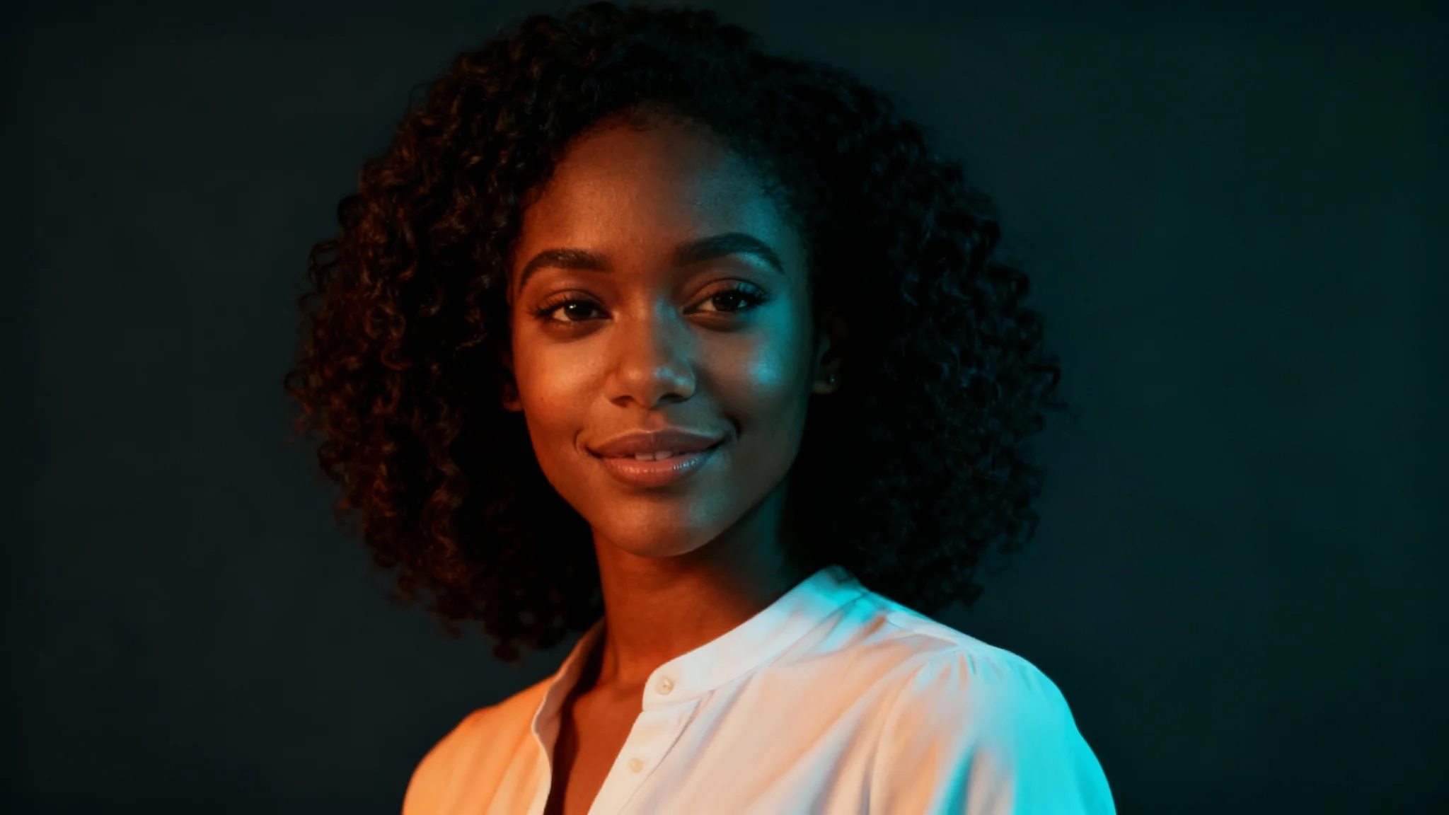 A professionally color-graded portrait of a young Black woman with curly hair, featuring a cinematic teal and orange color scheme against a dark gray background.