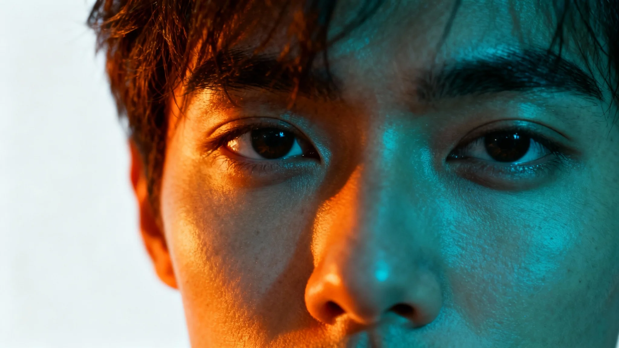 A close-up portrait of a person, artistically color-graded with contrasting teal shadows and warm orange highlights, set against a plain white background.