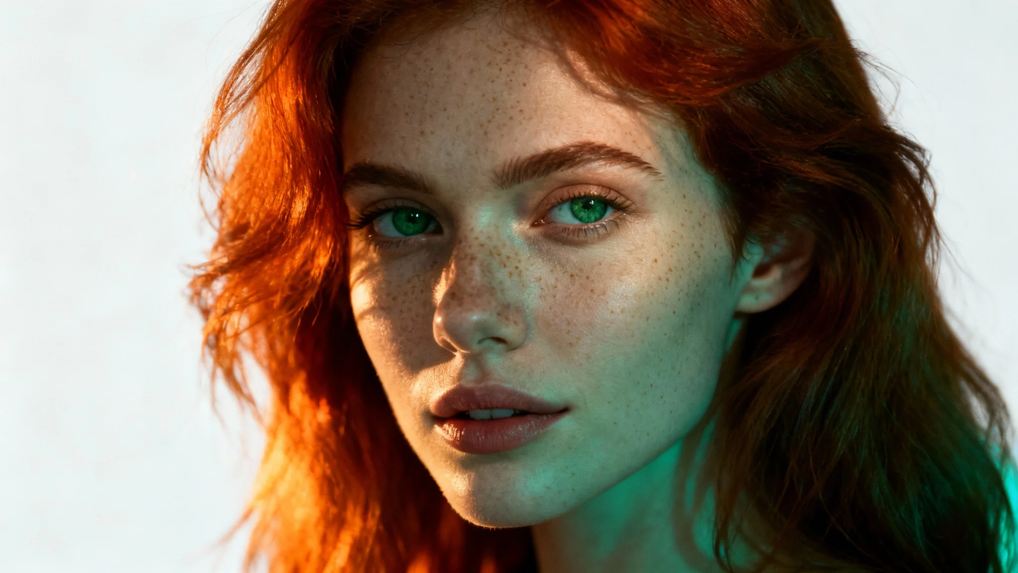 A professionally color-graded, cinematic close-up portrait of a woman with auburn hair and expressive green eyes, set against a solid white background, highlighting the rich, moody tones.