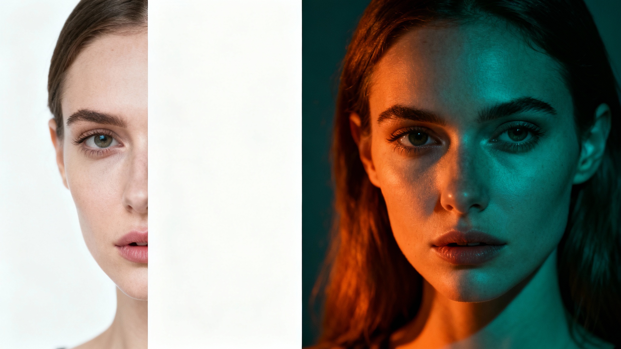 A split-screen image showing the before and after of a color-graded portrait. The left side is a flat, unedited photo of a woman; the right side shows the same photo with a dramatic, cinematic teal and orange color grade.