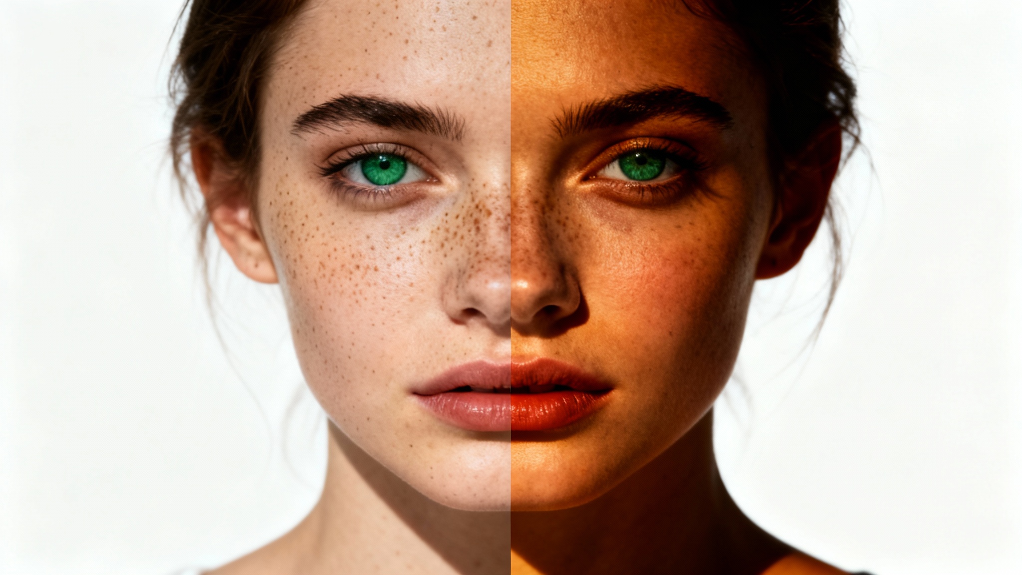 A split-screen comparison image showing the effect of color grading on a female portrait. The left side is dull and flat, while the right side is vibrant and cinematic.