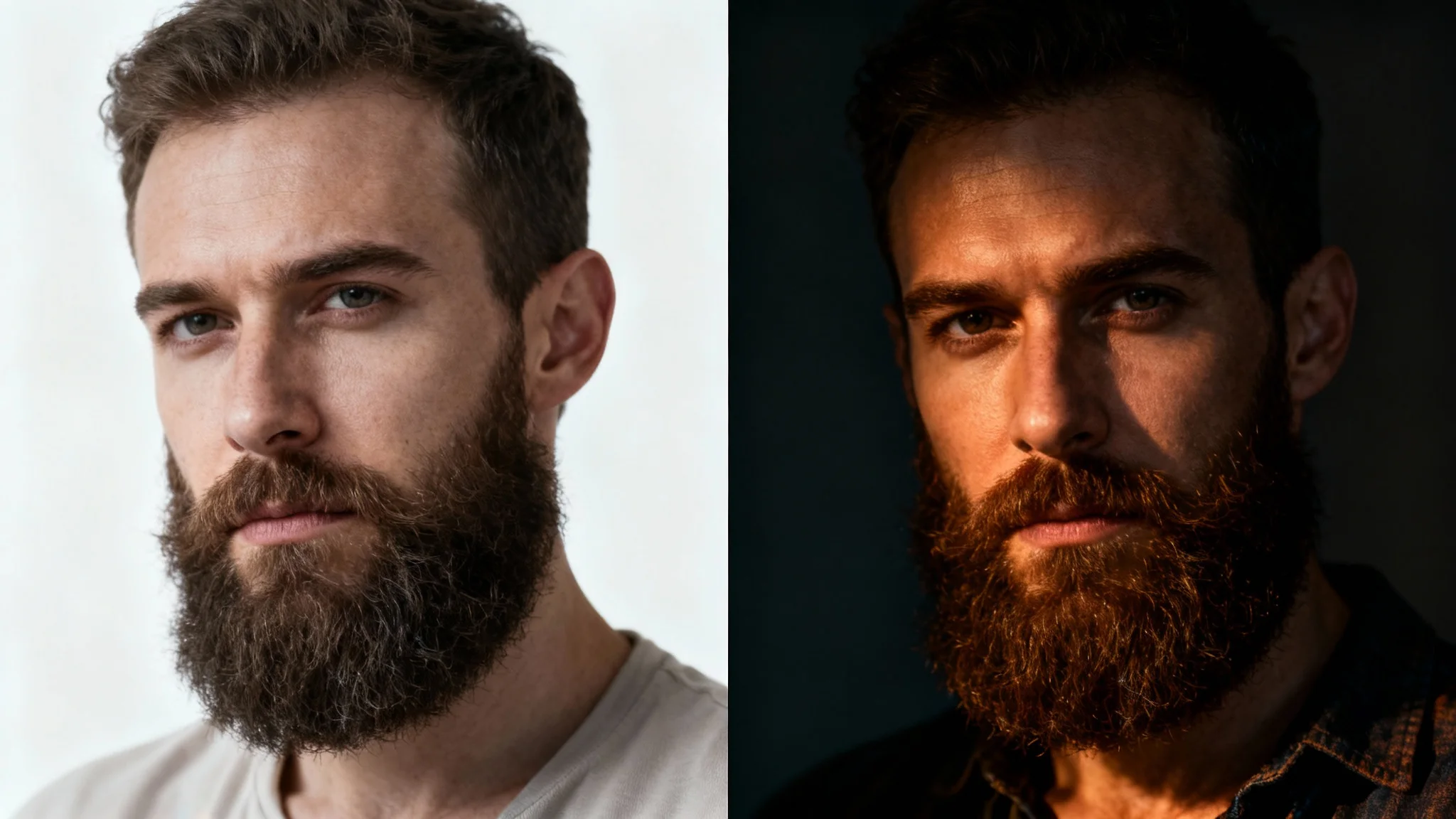 A comparison portrait of a man, split in the middle. The left side is flat and ungraded, while the right side is professionally color-graded with a cinematic, high-contrast style, demonstrating the effect of color grading.