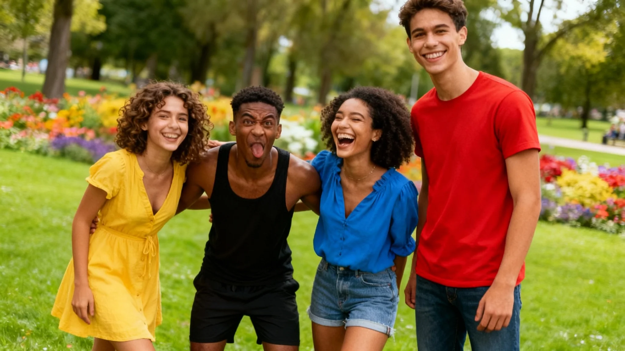 A photorealistic image demonstrating an AI tool that moved people in a photo. The final shot shows four friends in a park rearranged into a new, seamless composition that looks completely natural.
