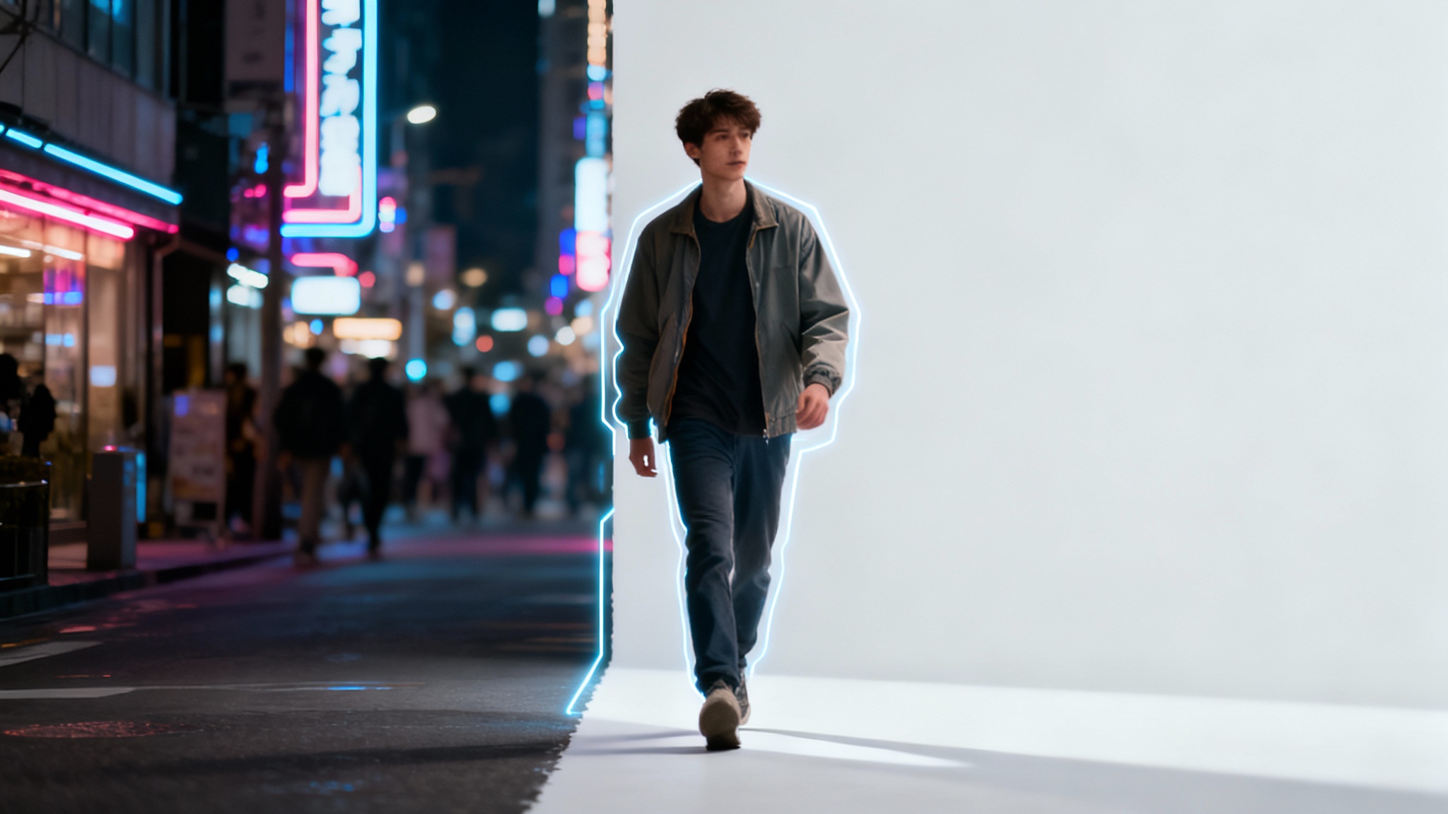 A man is shown mid-stride, with the left half of the image showing him on a busy city street and the right half showing him perfectly moved onto a plain white background, illustrating a digital 'move people' feature.