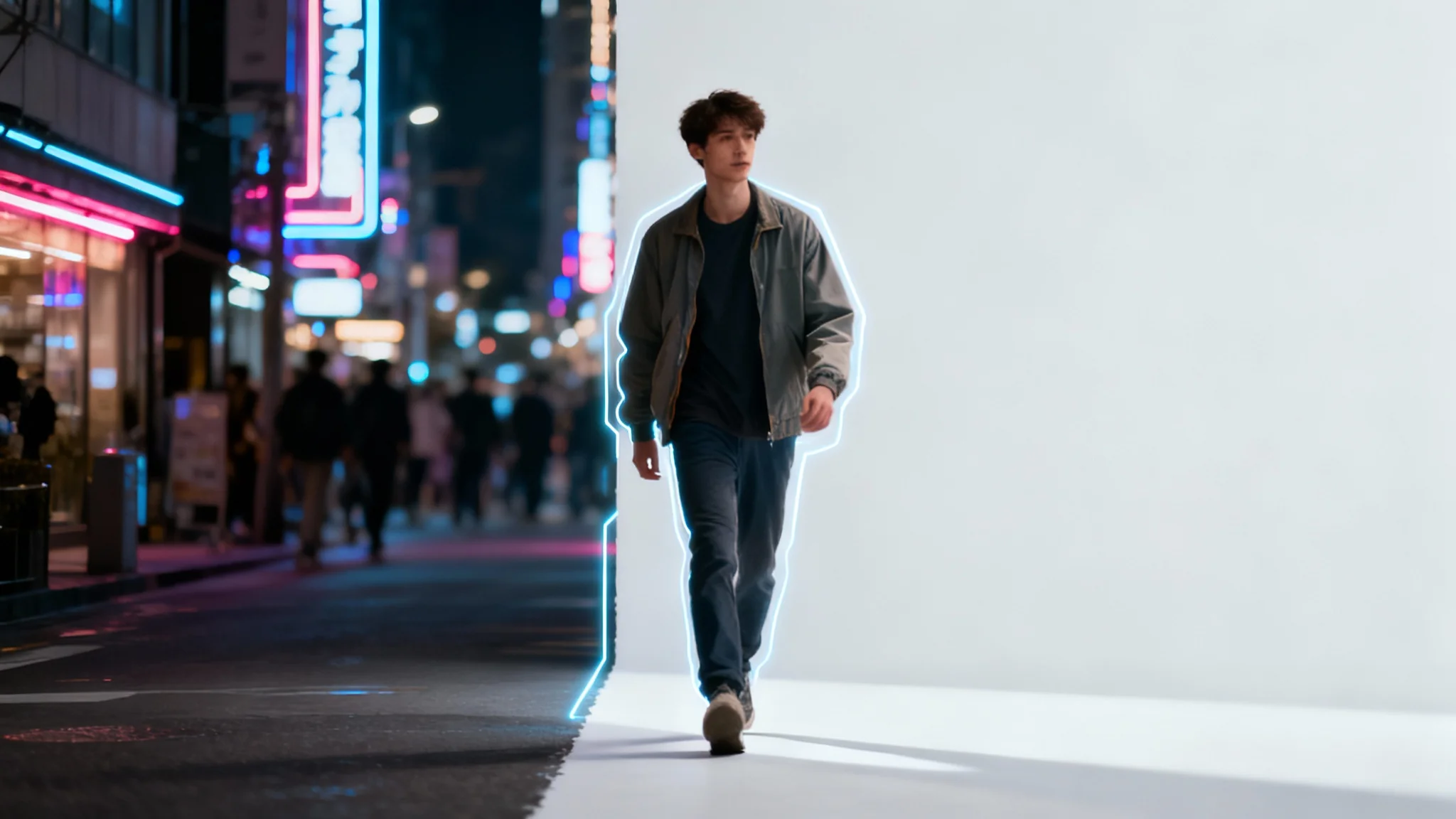 A man is shown mid-stride, with the left half of the image showing him on a busy city street and the right half showing him perfectly moved onto a plain white background, illustrating a digital 'move people' feature.