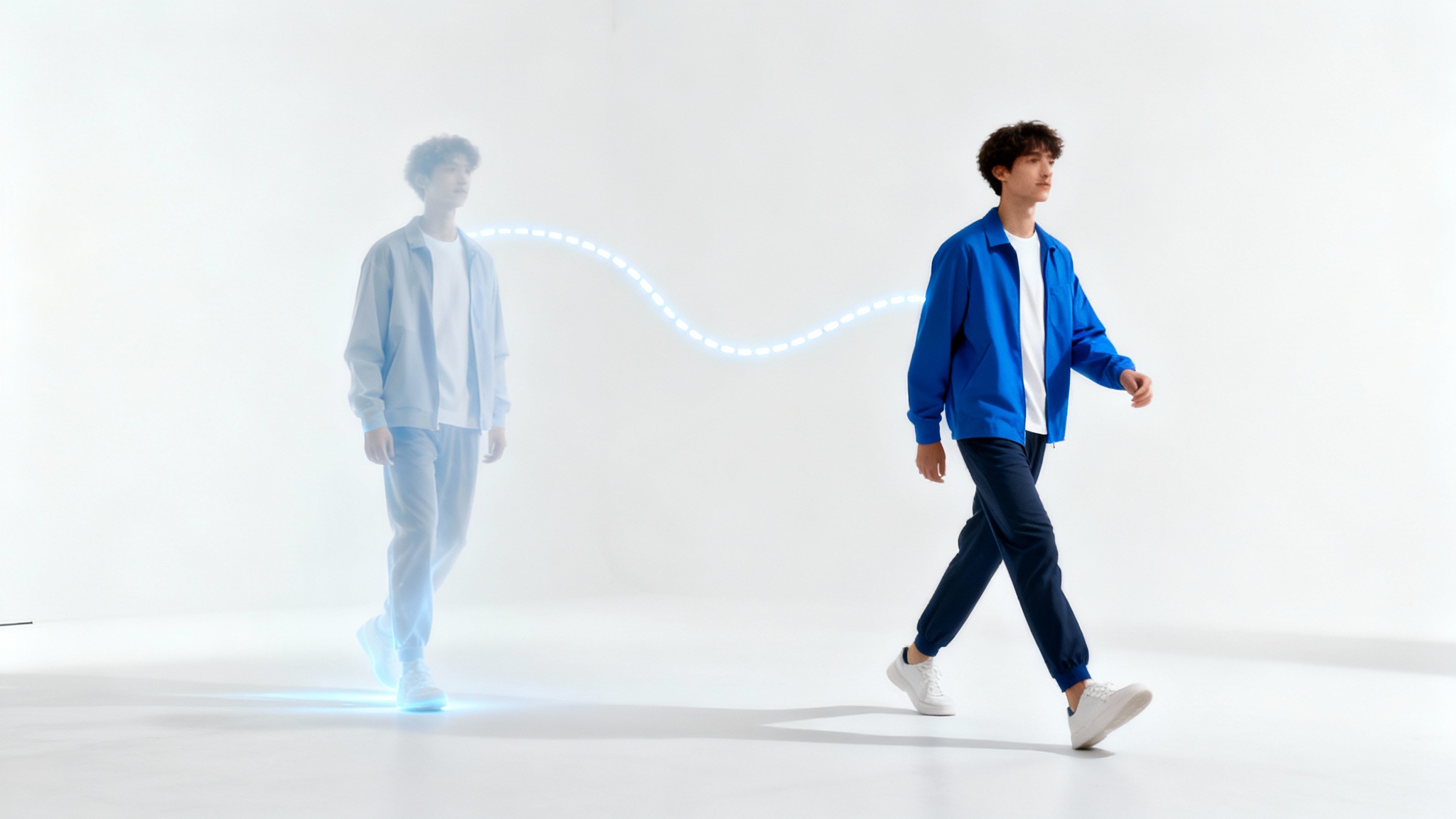 A conceptual image demonstrating a photo editing feature. It shows a faint, transparent outline of a person on the left and a solid, focused version of the same person on the right, connected by a glowing line, all on a white background.