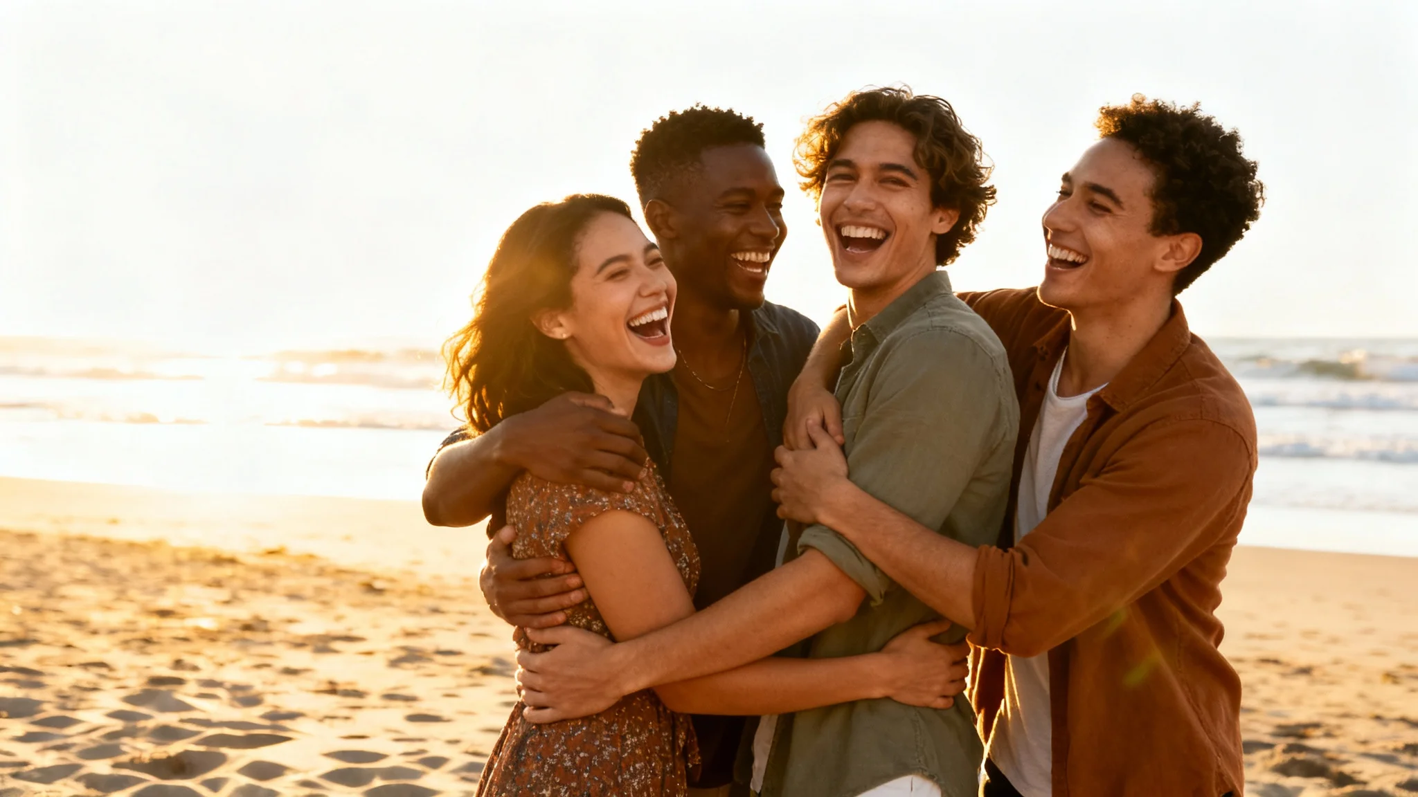 A perfectly composed photograph of four diverse friends hugging and laughing on a beach at sunset, used as a mockup to illustrate a tool for moving people to improve photo composition.