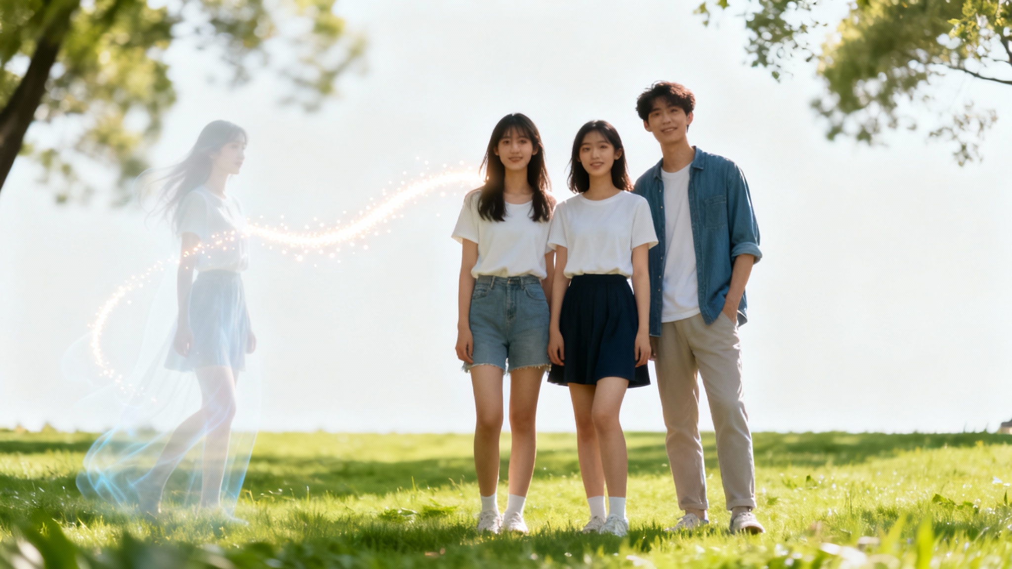 A conceptual photograph showing a person being moved within an image. A woman appears as a faint outline on one side of a group of friends, with a trail of light showing her being moved to the center of the group where she appears solid and in focus.