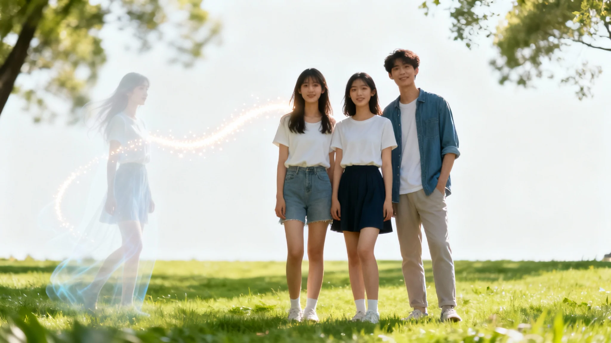 A conceptual photograph showing a person being moved within an image. A woman appears as a faint outline on one side of a group of friends, with a trail of light showing her being moved to the center of the group where she appears solid and in focus.