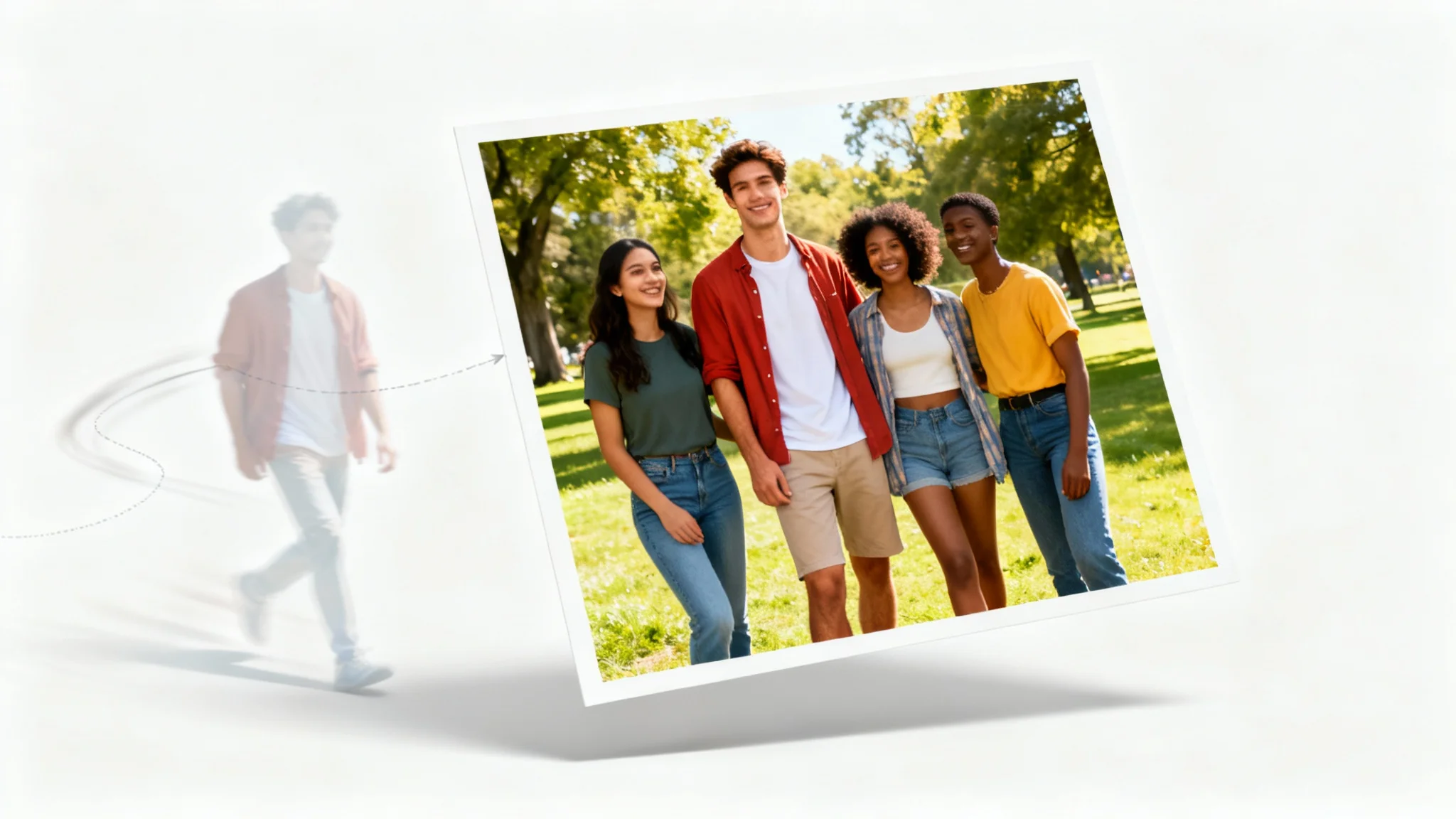 A mockup photograph on a white background shows a group of friends, where one person has been moved to a new position, leaving a faint afterimage in their original spot, illustrating the 'move people' concept.