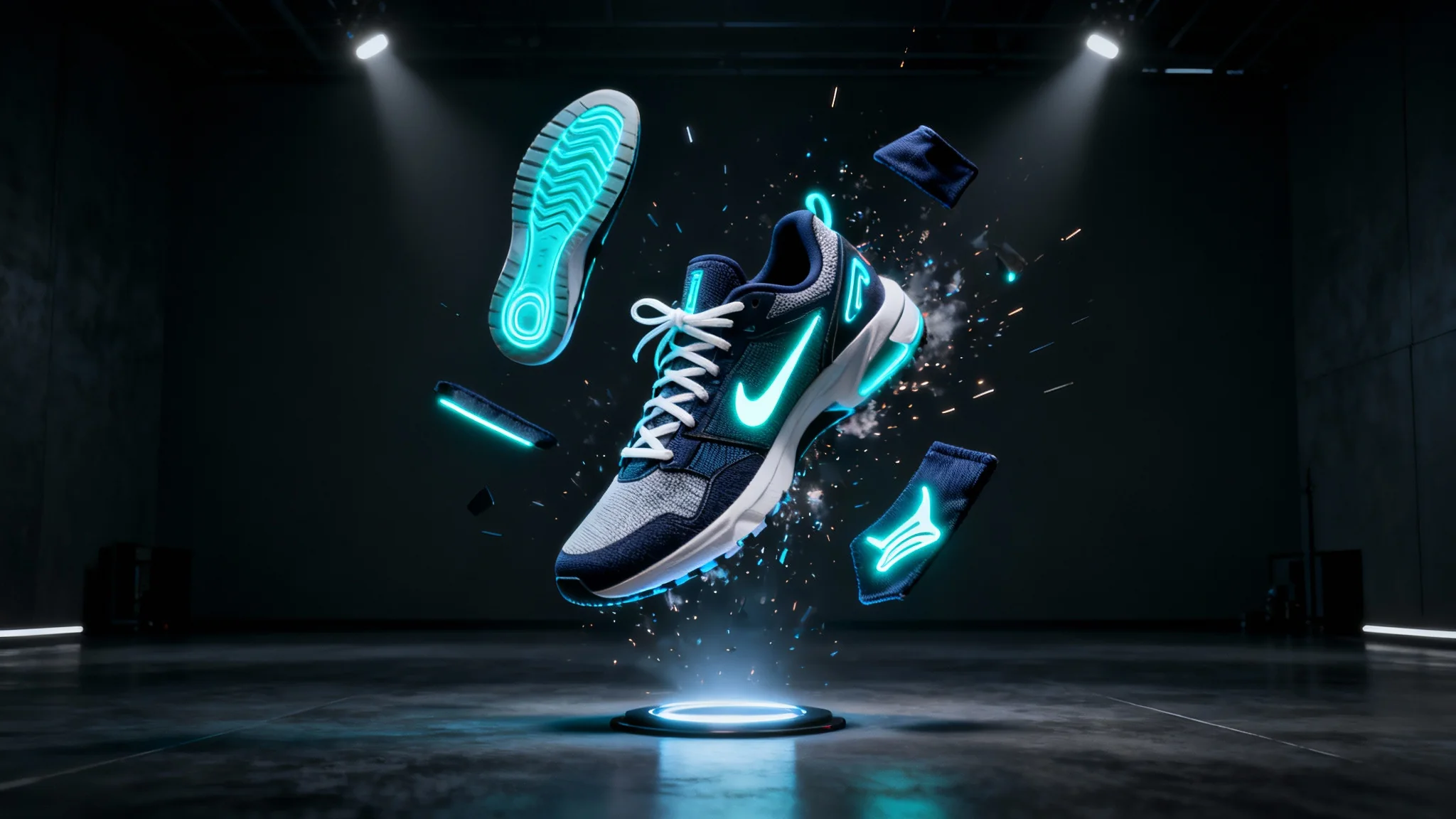 A high-tech, dynamic 3D rendering of a deconstructed futuristic sneaker, with its various parts floating mid-air, suggesting an animation, set against a clean dark background.