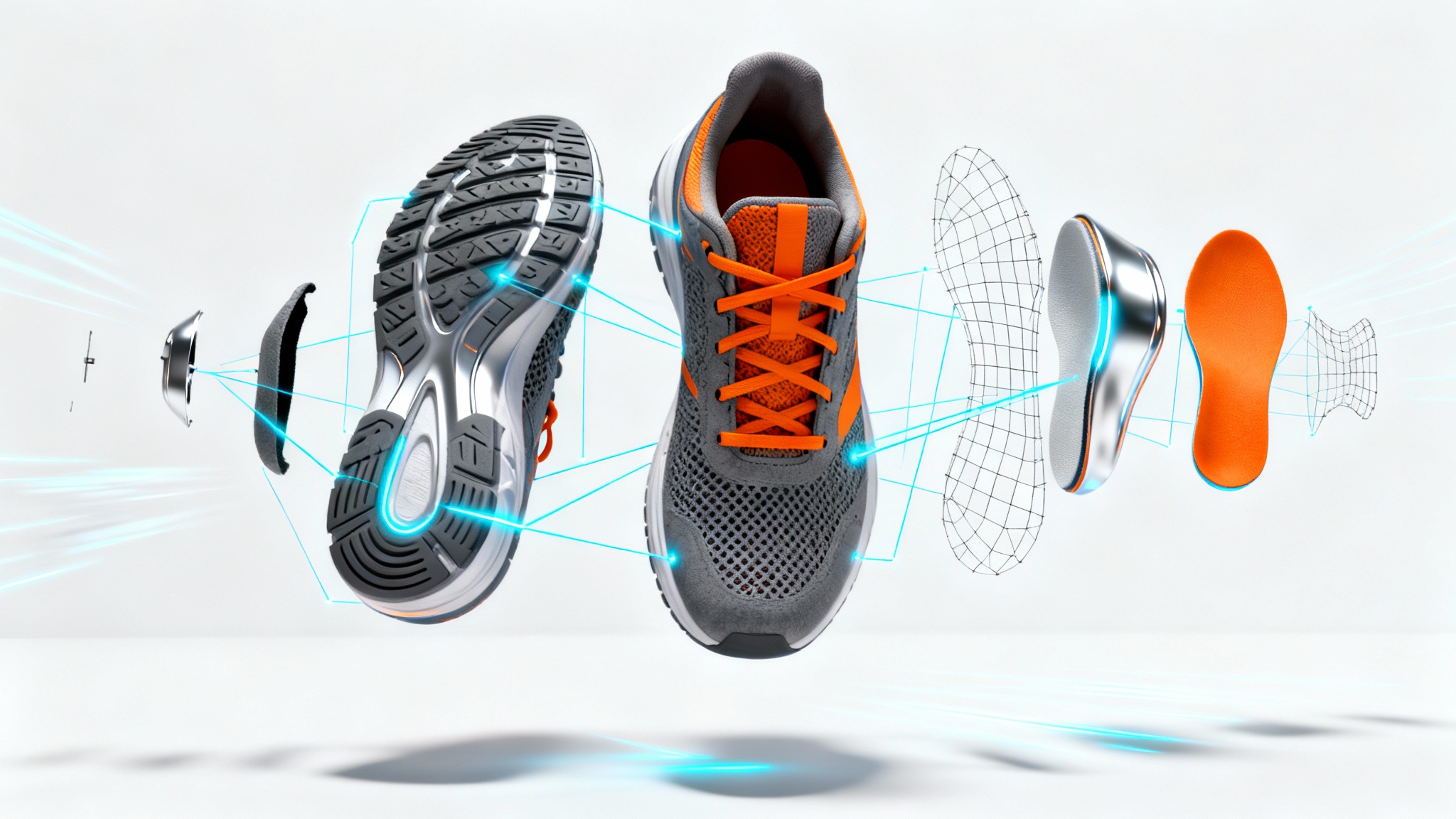 A photorealistic 3D animation of a futuristic sneaker, showing its parts deconstructed and floating against a clean white background, representing a 3D shoe animation.